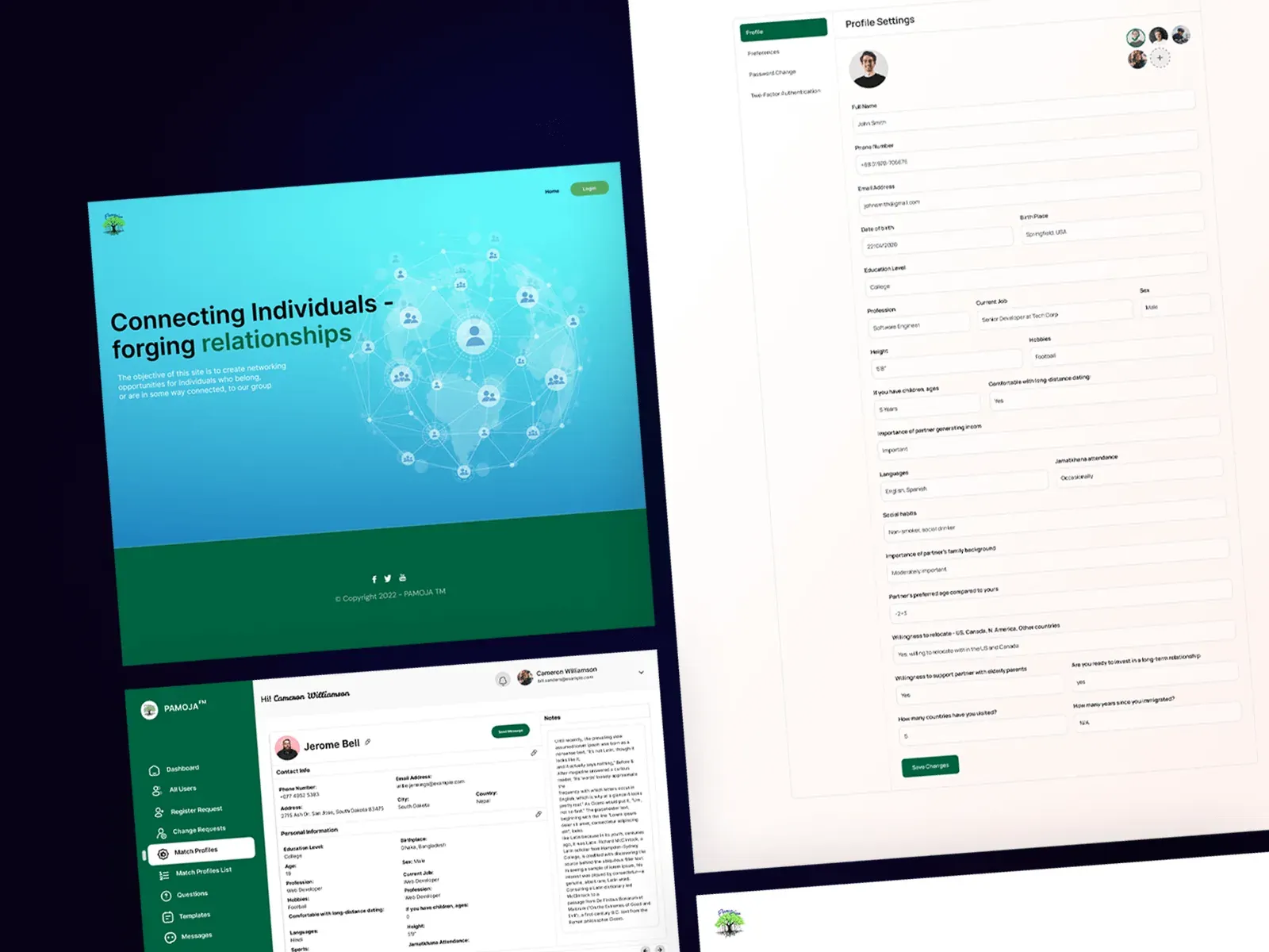 Pamoja design board: a teal-to-green landing page with a globe of connected profiles, a green admin dashboard showing a match profile, and a long profile settings form.