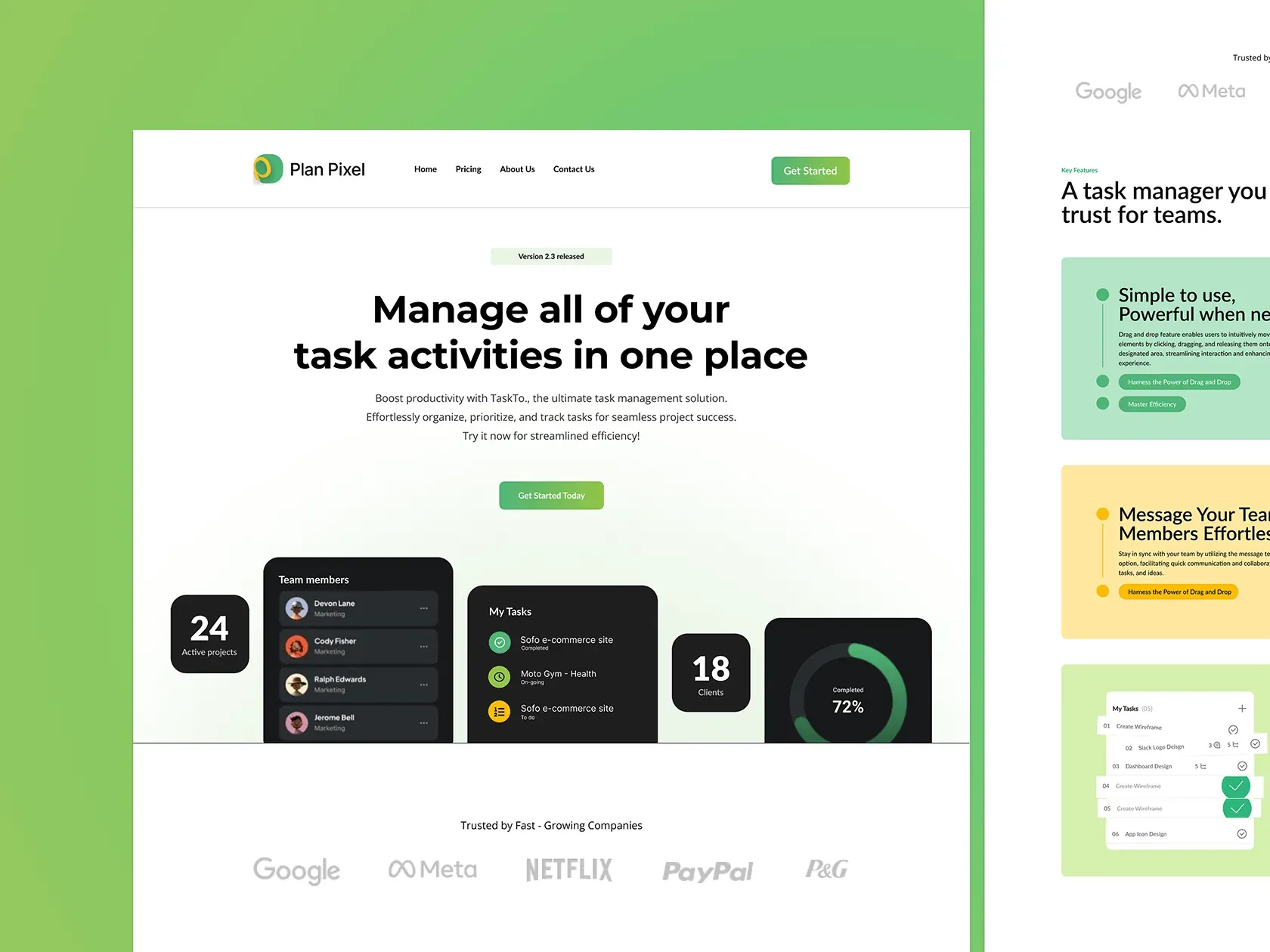 Plan Pixel landing page design: a white hero reading “Manage all of your task activities in one place” over dark dashboard cards, beside green, yellow and lime feature sections.