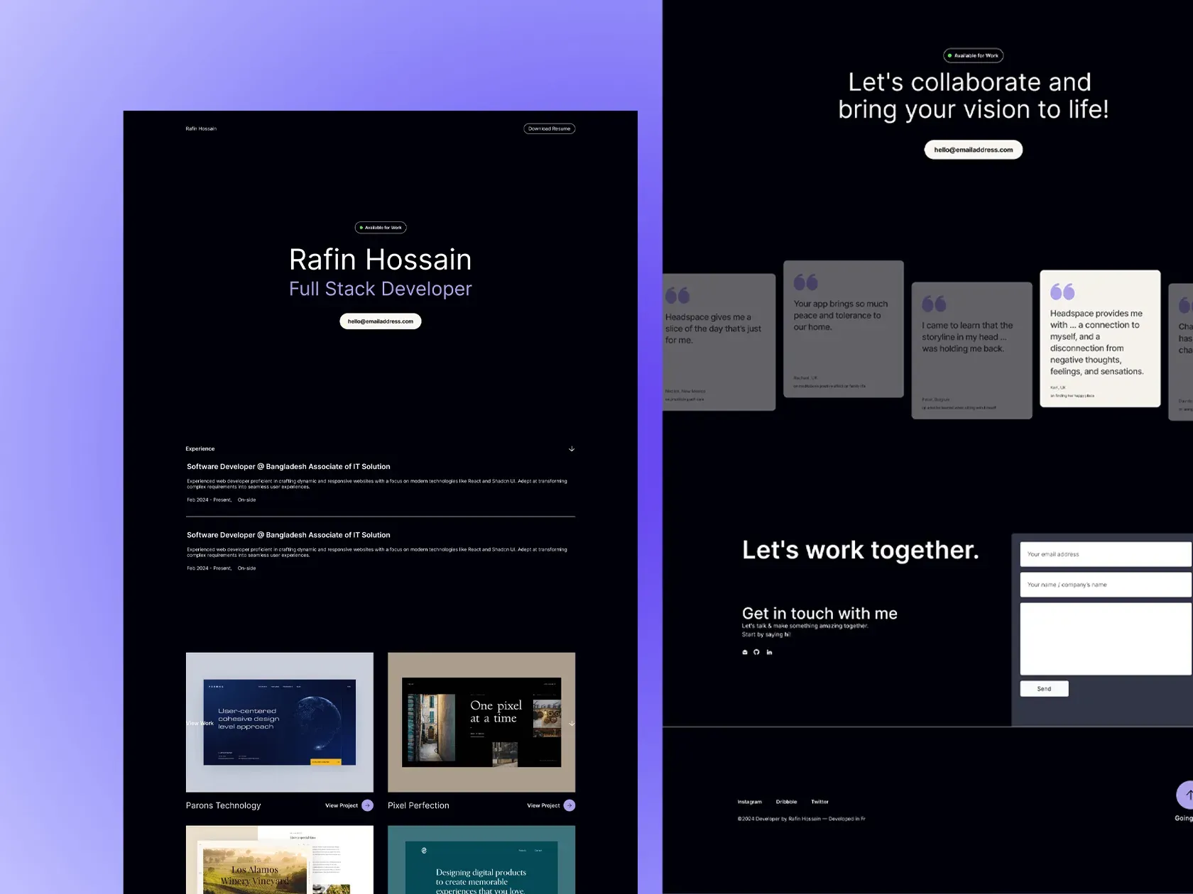 Dark portfolio design for Rafin Hossain, Full Stack Developer: a centred hero with an availability badge, an experience list, project cards, testimonial cards and a contact form, on a violet backdrop.