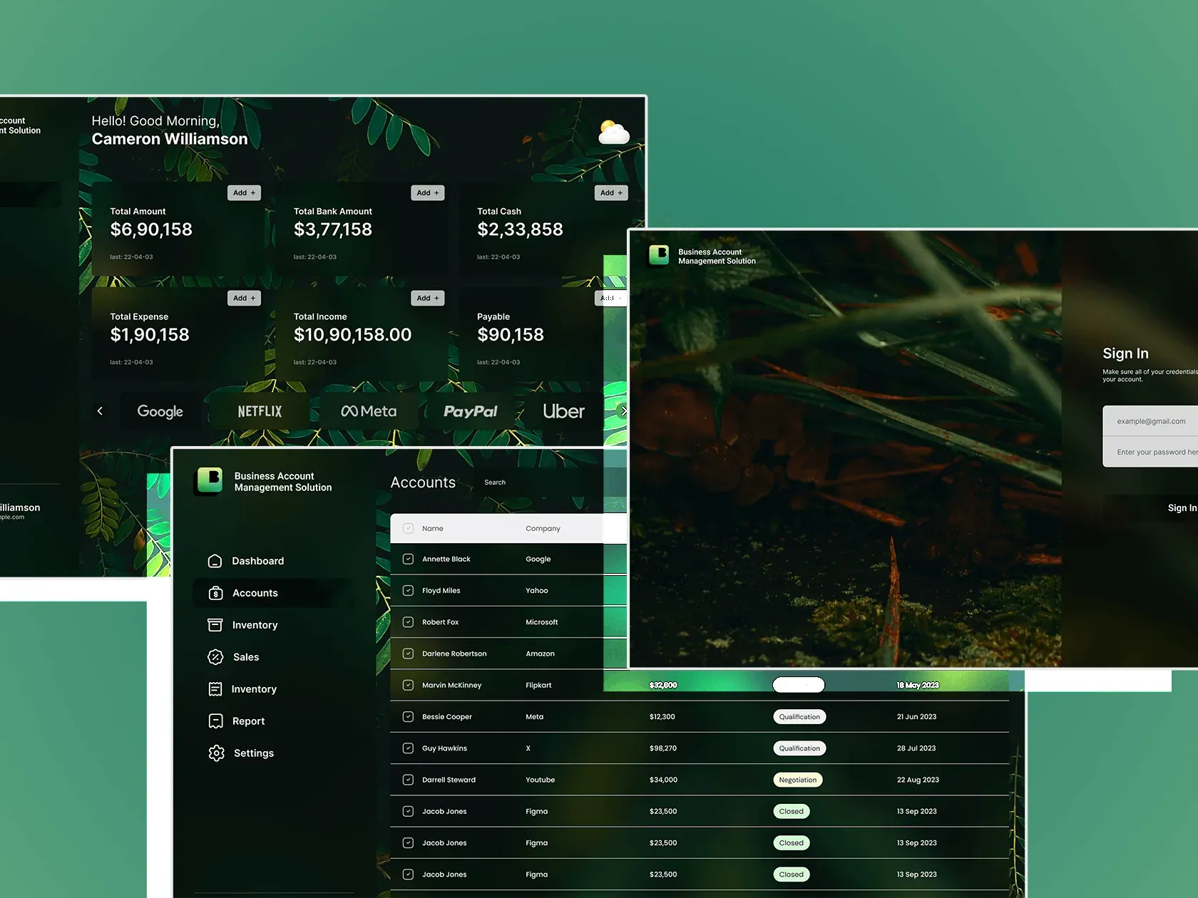 Dark green inventory and accounts software design over foliage photography: a dashboard of six financial totals, an accounts table with status pills, and a sign-in screen.