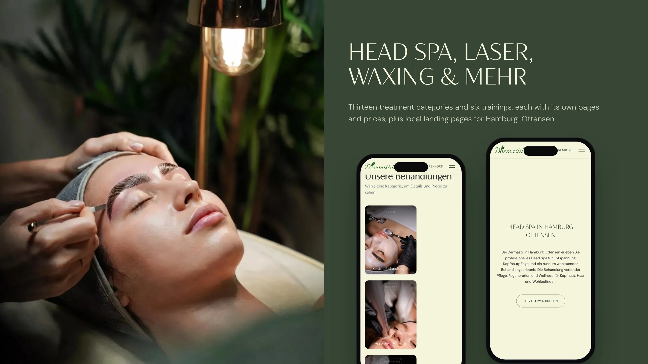 A facial in progress beside “Head Spa, Laser, Waxing & mehr” and two phones: the treatments overview and the Head Spa page.