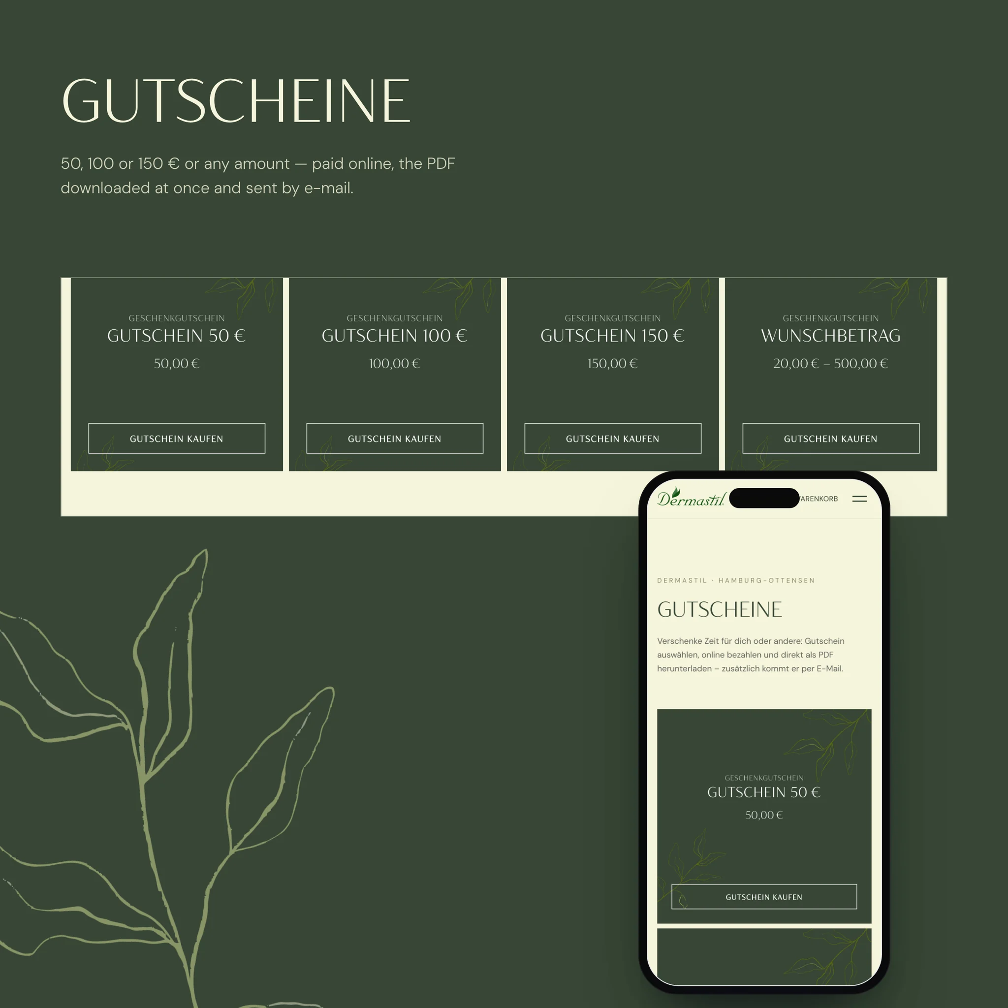 The voucher shop: 50 €, 100 €, 150 € or a chosen amount, each with its buy button, and the same page on a phone.