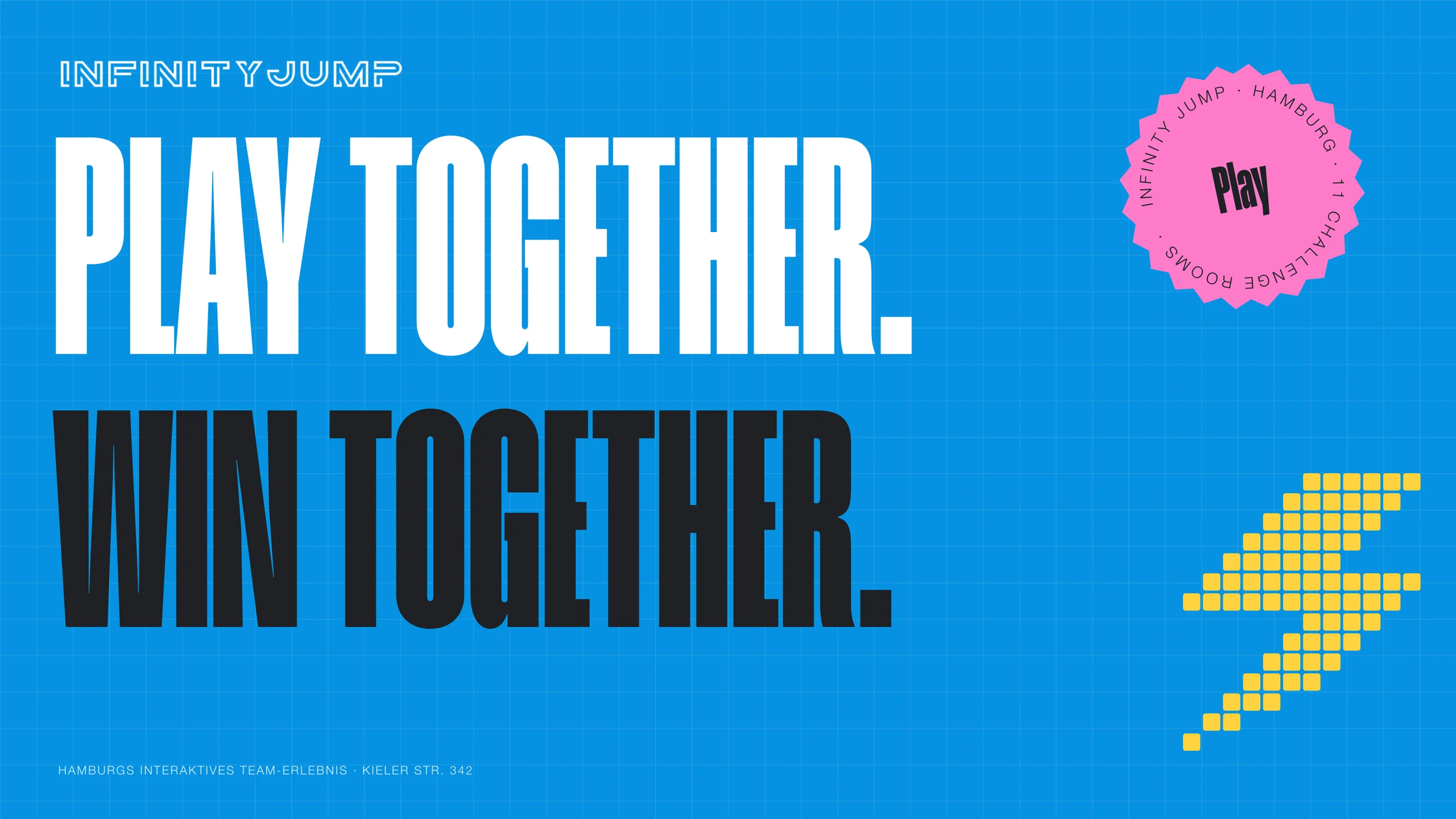 “Play together. Win together.” in Humane on Infinity Jump blue, with the outline logo, the pink seal and a yellow pixel bolt.