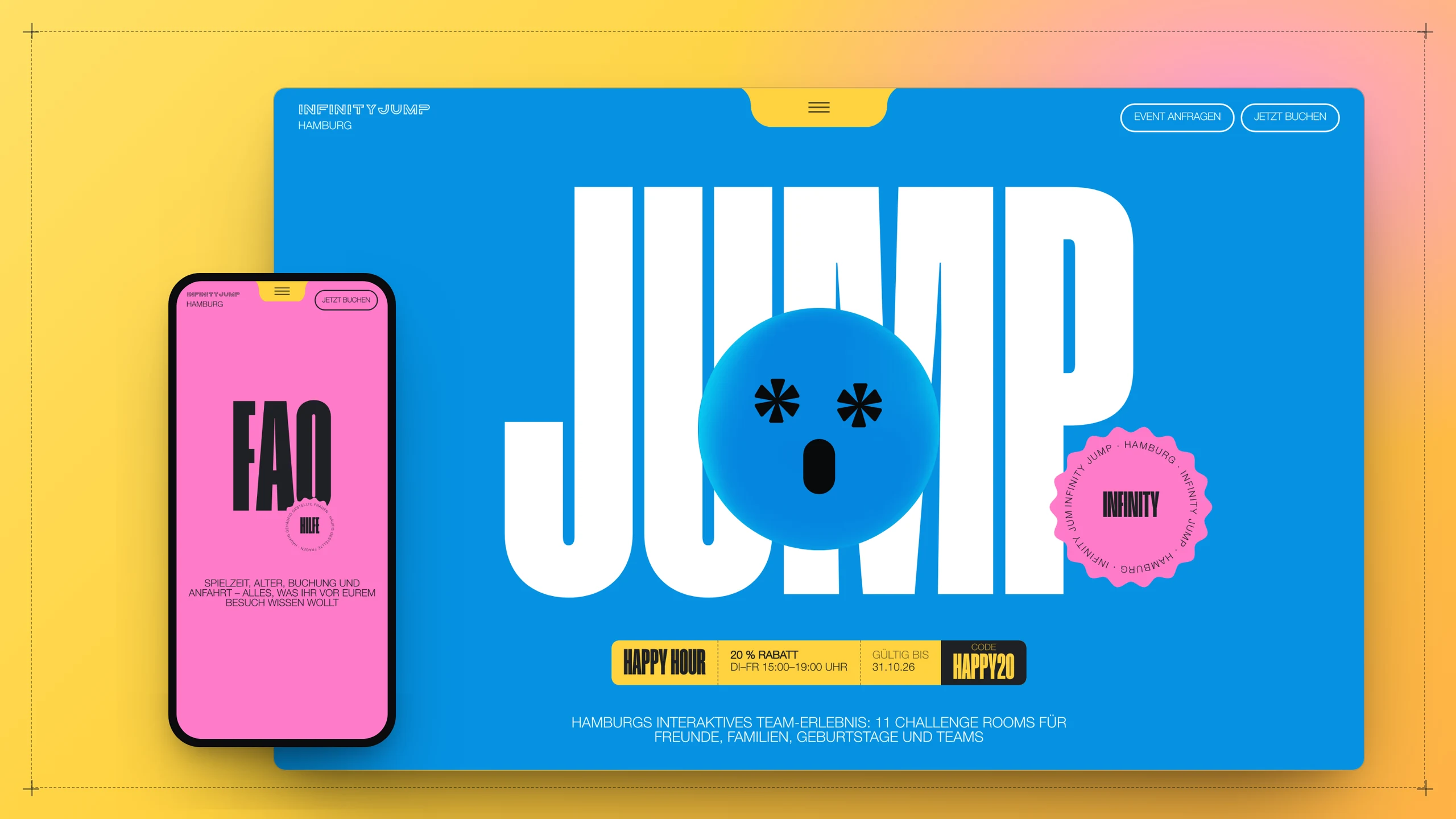 The Infinity Jump home page — “JUMP” in giant type on blue with its pink seal — on a yellow gradient, with the pink FAQ page on a phone.