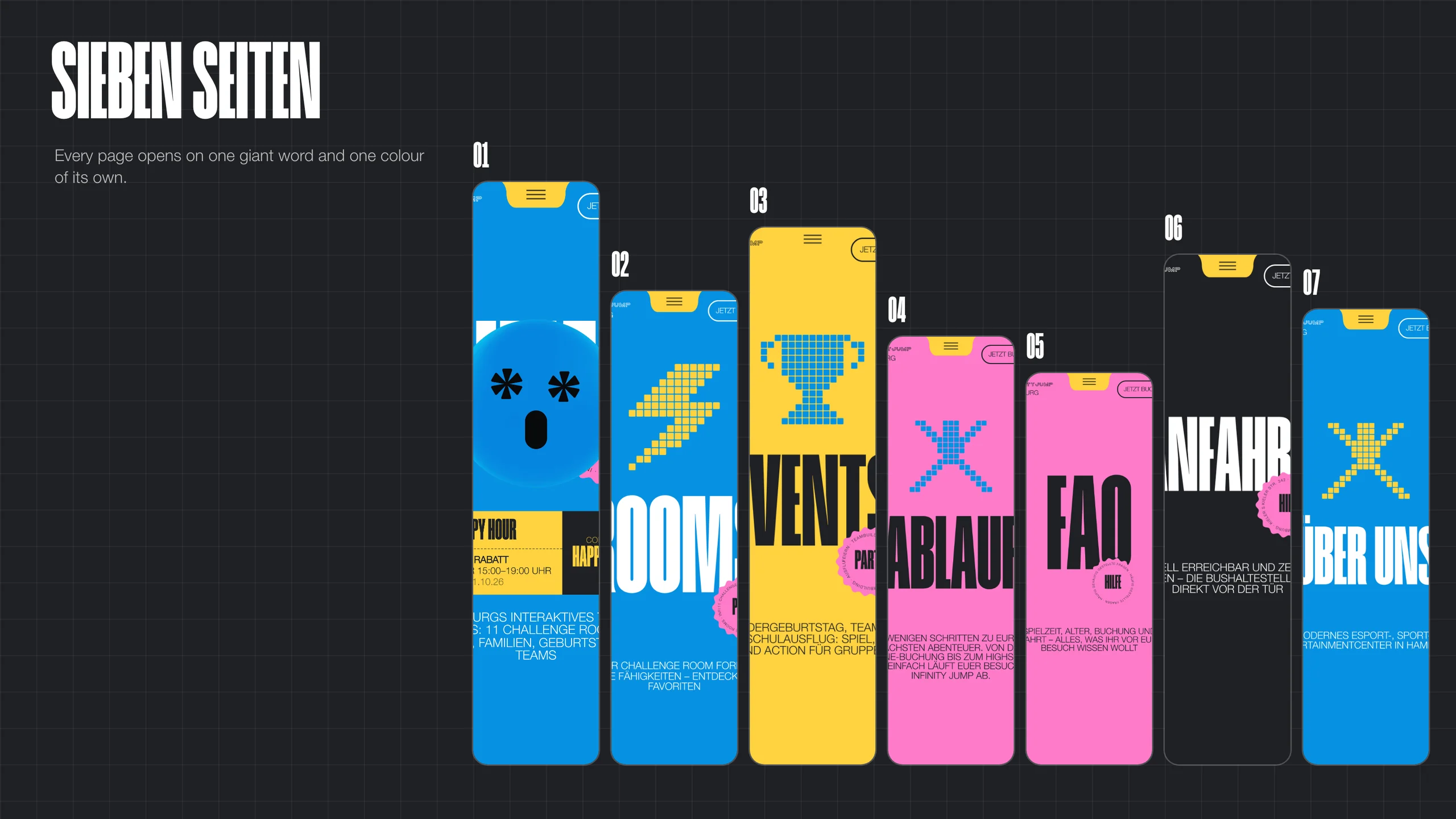Seven phone screens standing like highscore bars, one per page, each in its own colour.