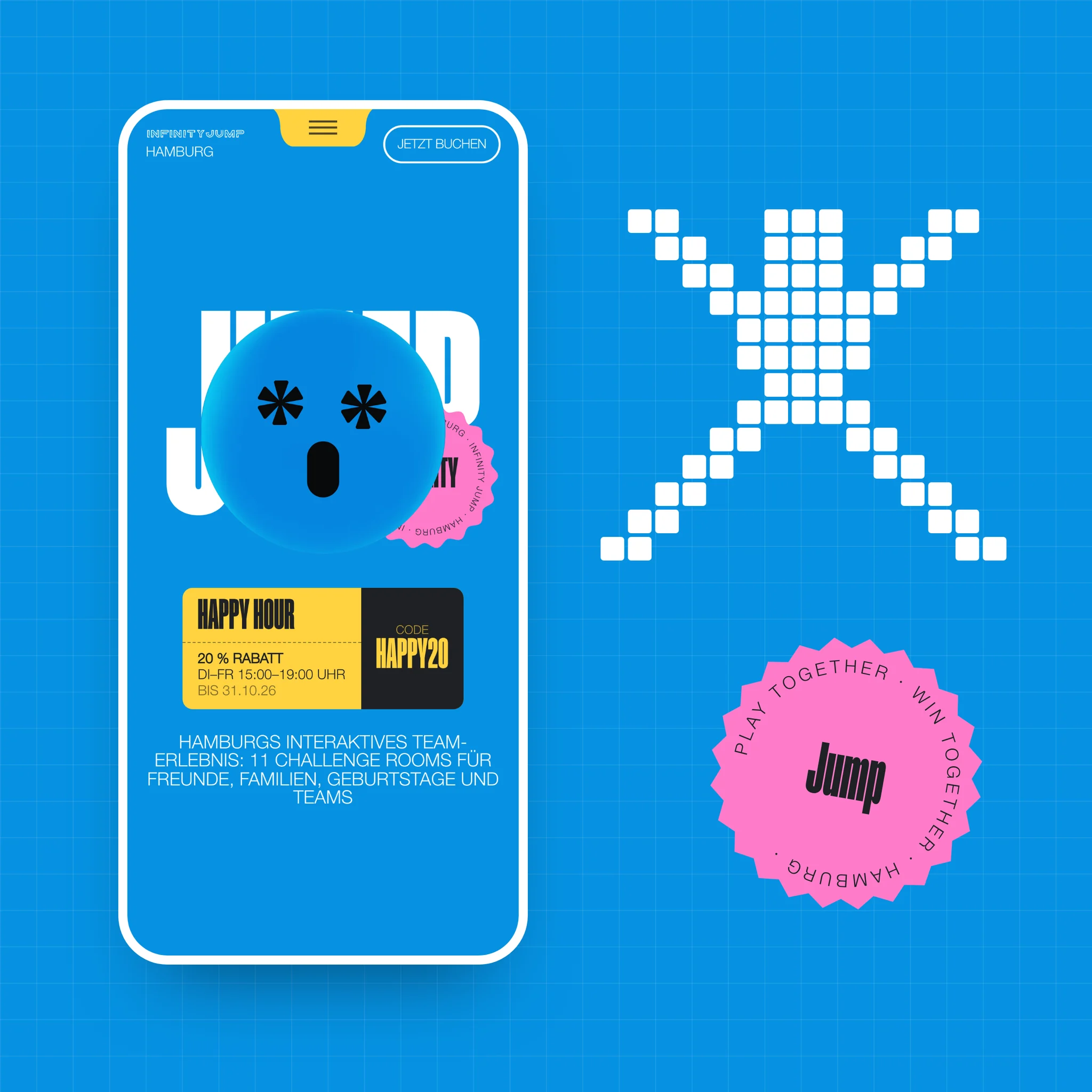 The home page on a phone on Infinity Jump blue, beside the pixel jumper and the pink “Jump” seal.