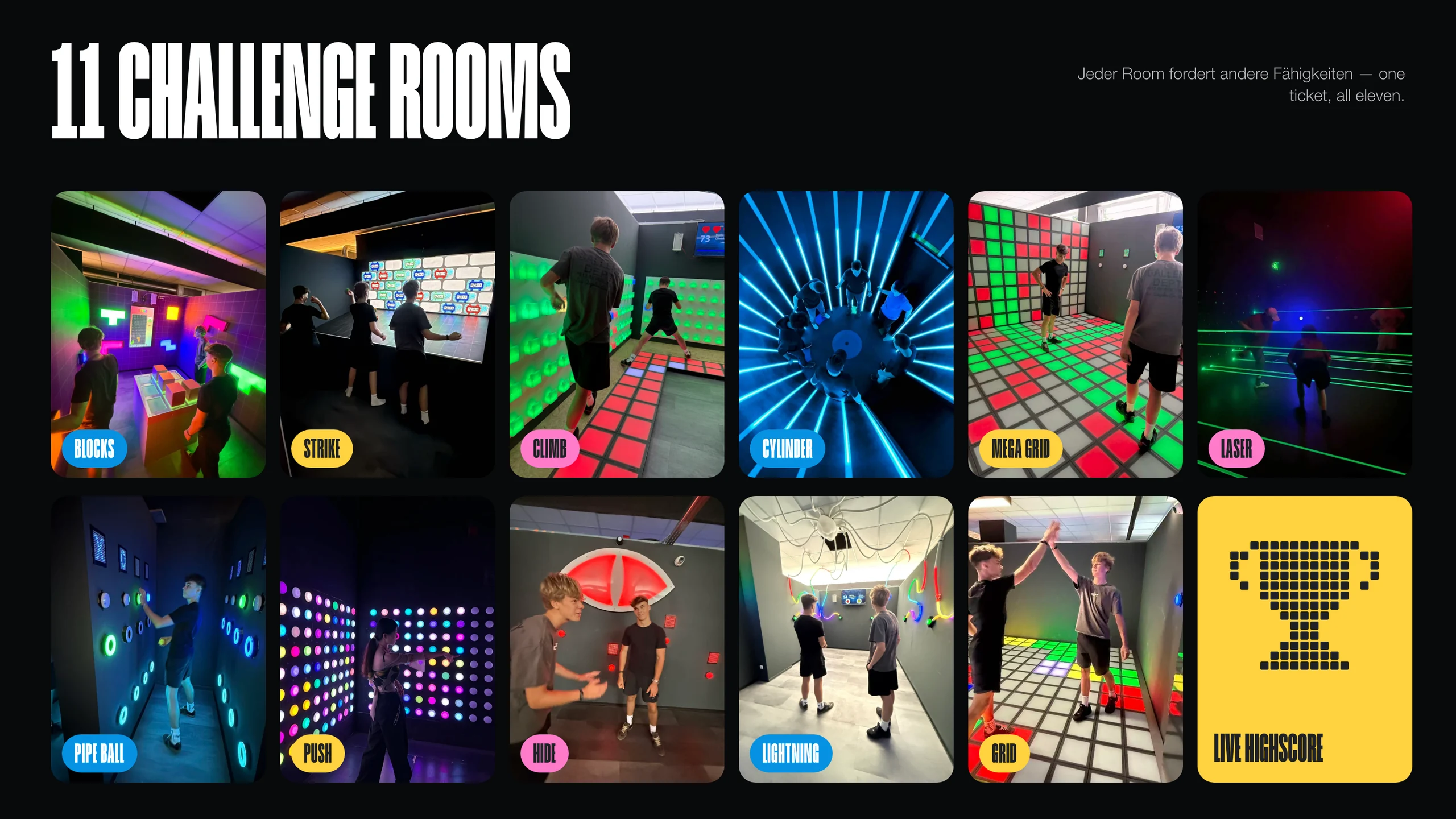 The eleven challenge rooms as a wall of LED photos with their names on colour pills, and a pixel trophy tile for the live highscore.