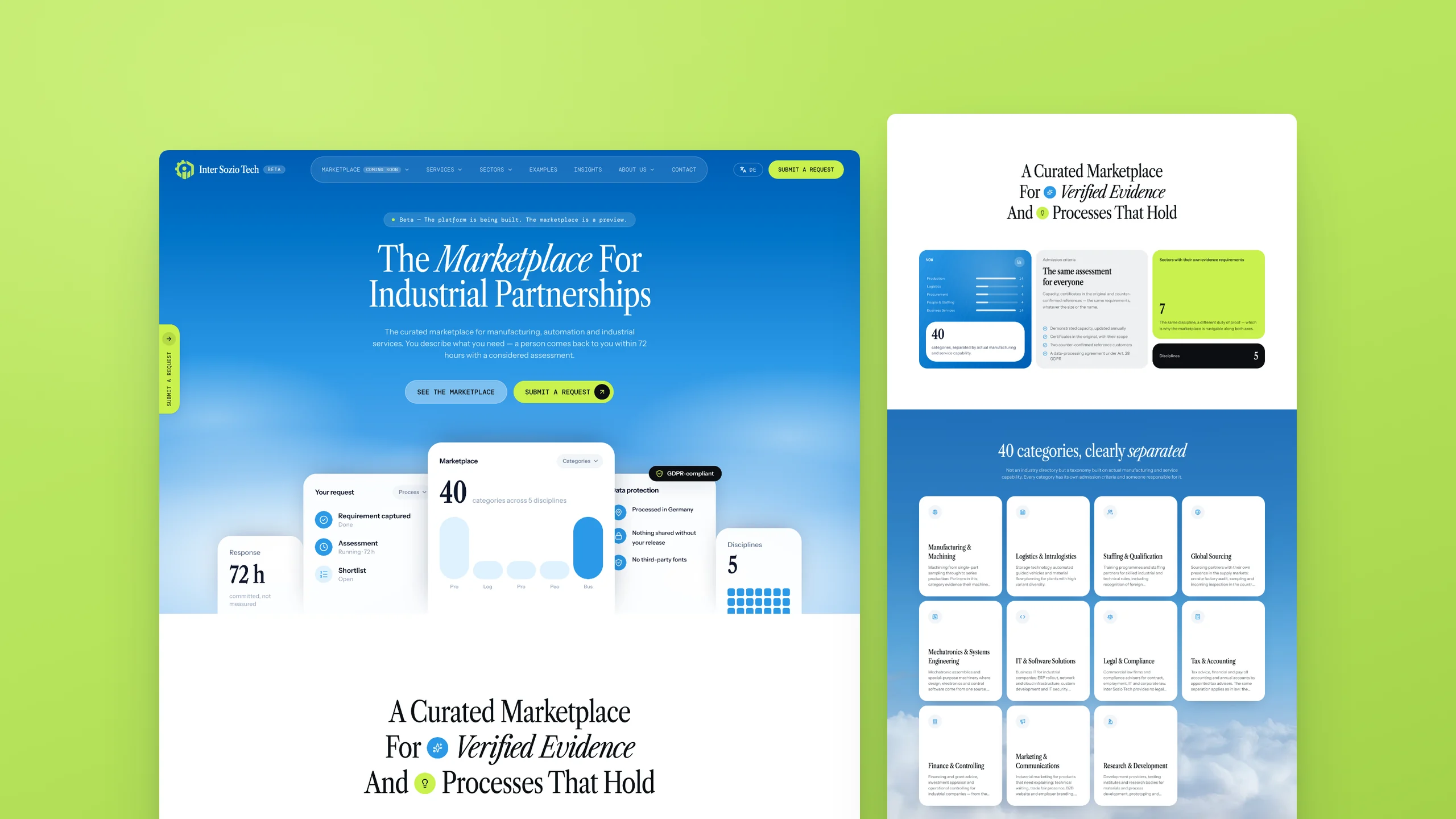 The Inter Sozio Tech home page as two white sheets on the logo’s lime: the sky-blue hero on the left, the curated-marketplace, 40 categories and four modules sections running down on the right.