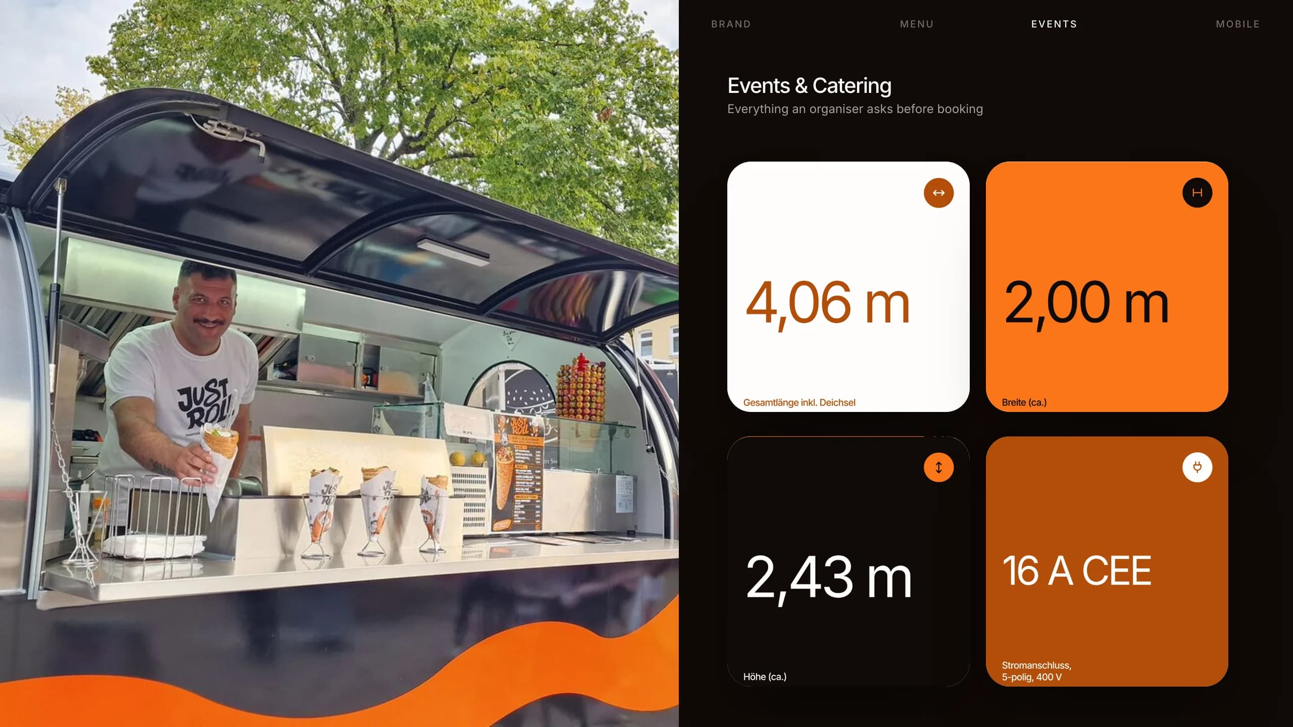 Serving from the trailer at a market, beside the trailer's specs: 4.06 m long, 2.00 m wide, 2.43 m high, 16 A CEE power.
