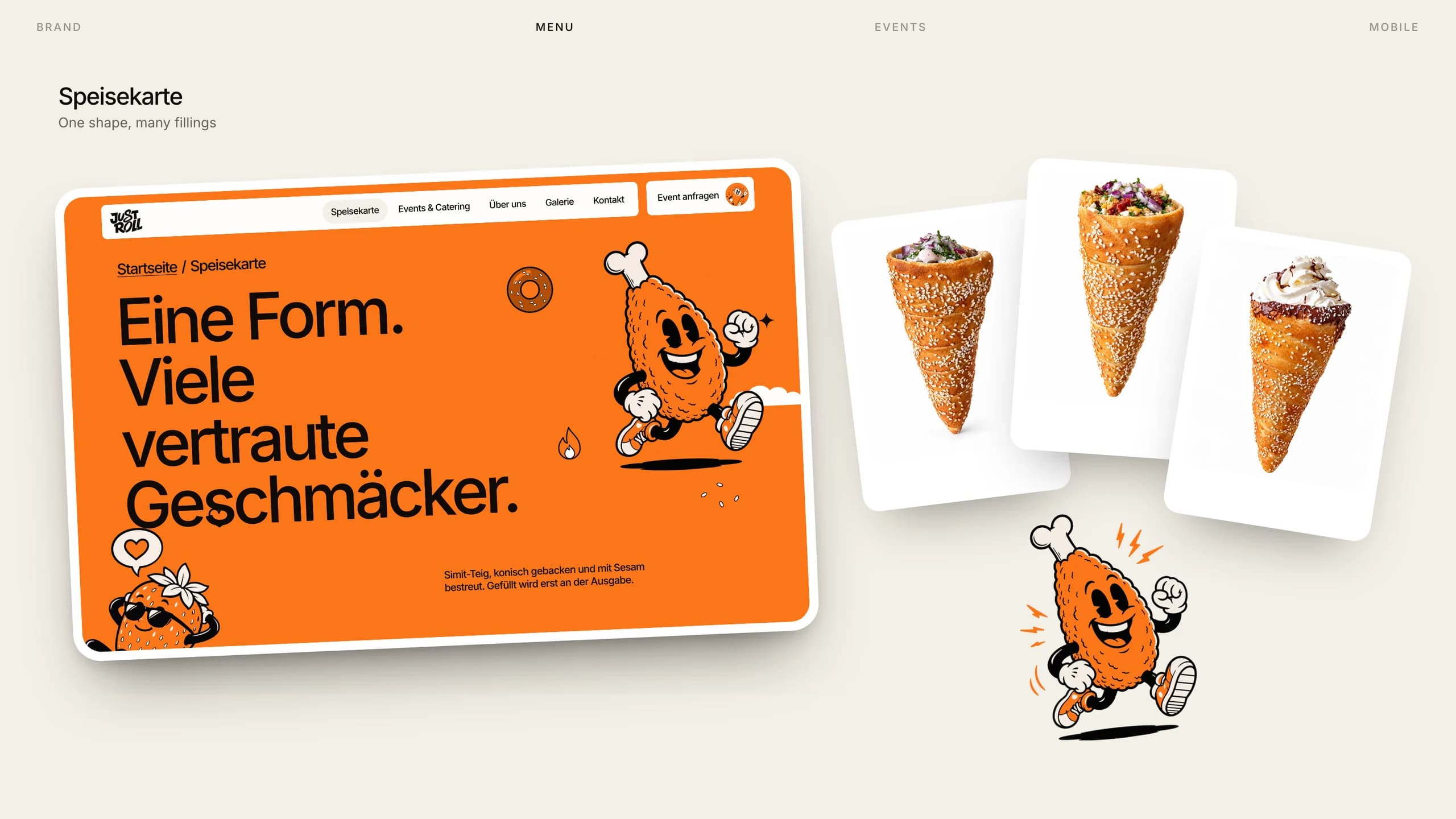 The menu page as a tilted sticker beside three rolls on polaroids and the chicken character.