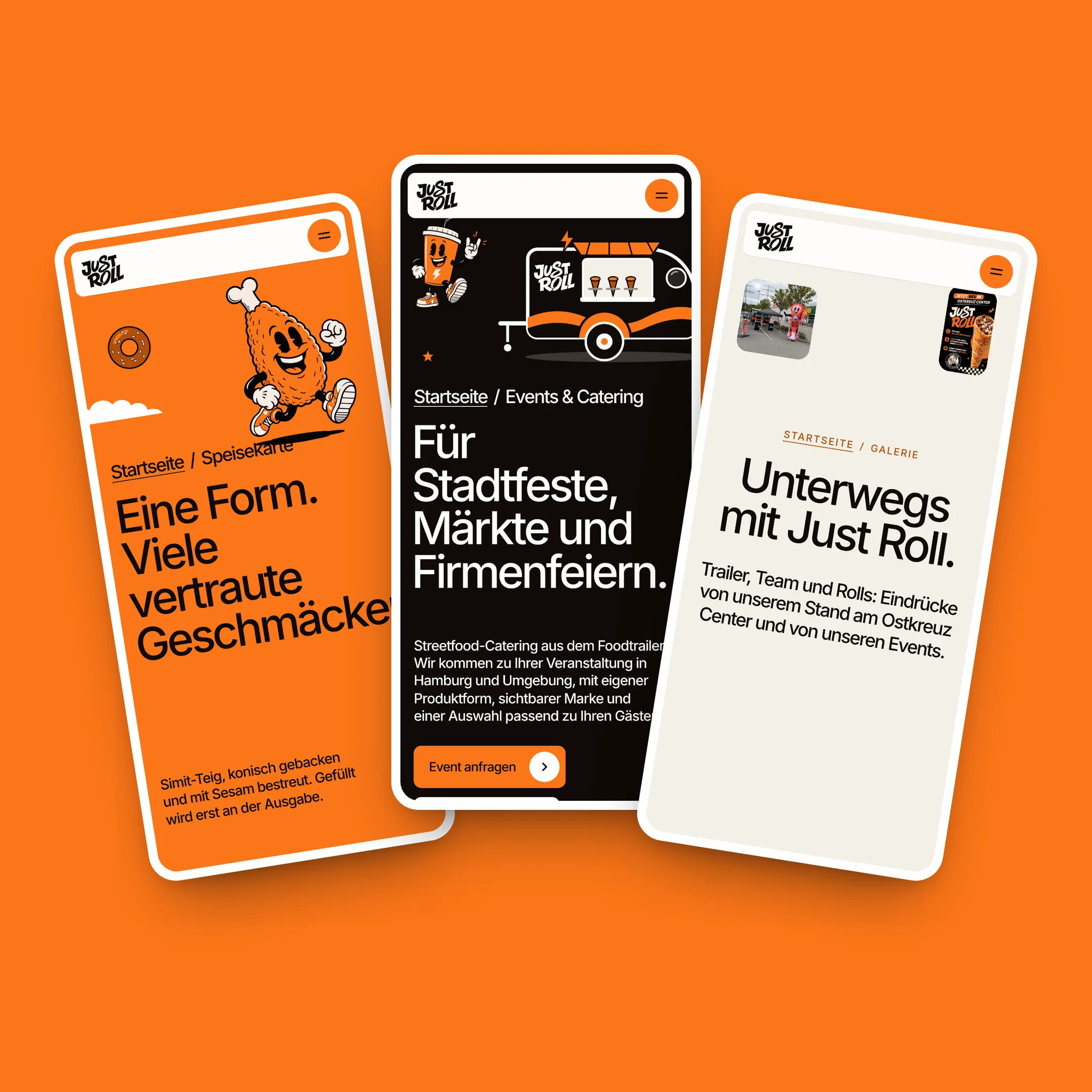 The menu, events and gallery pages as three phone screens fanned out on orange.