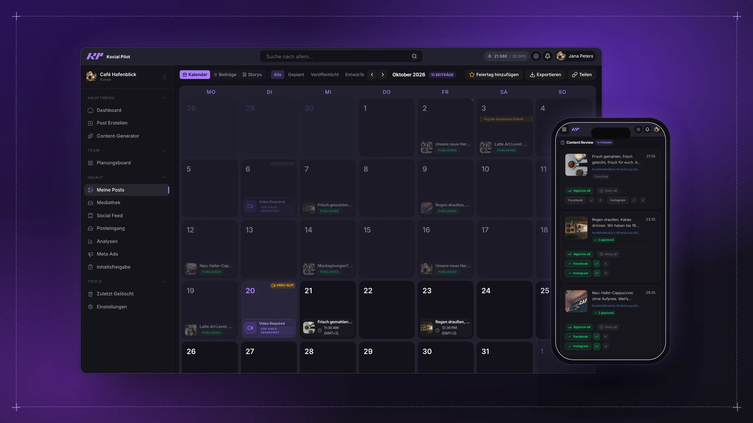 A client’s posts calendar in Kocial on a violet glow, with the content approval queue on a phone. Shown with demo data.