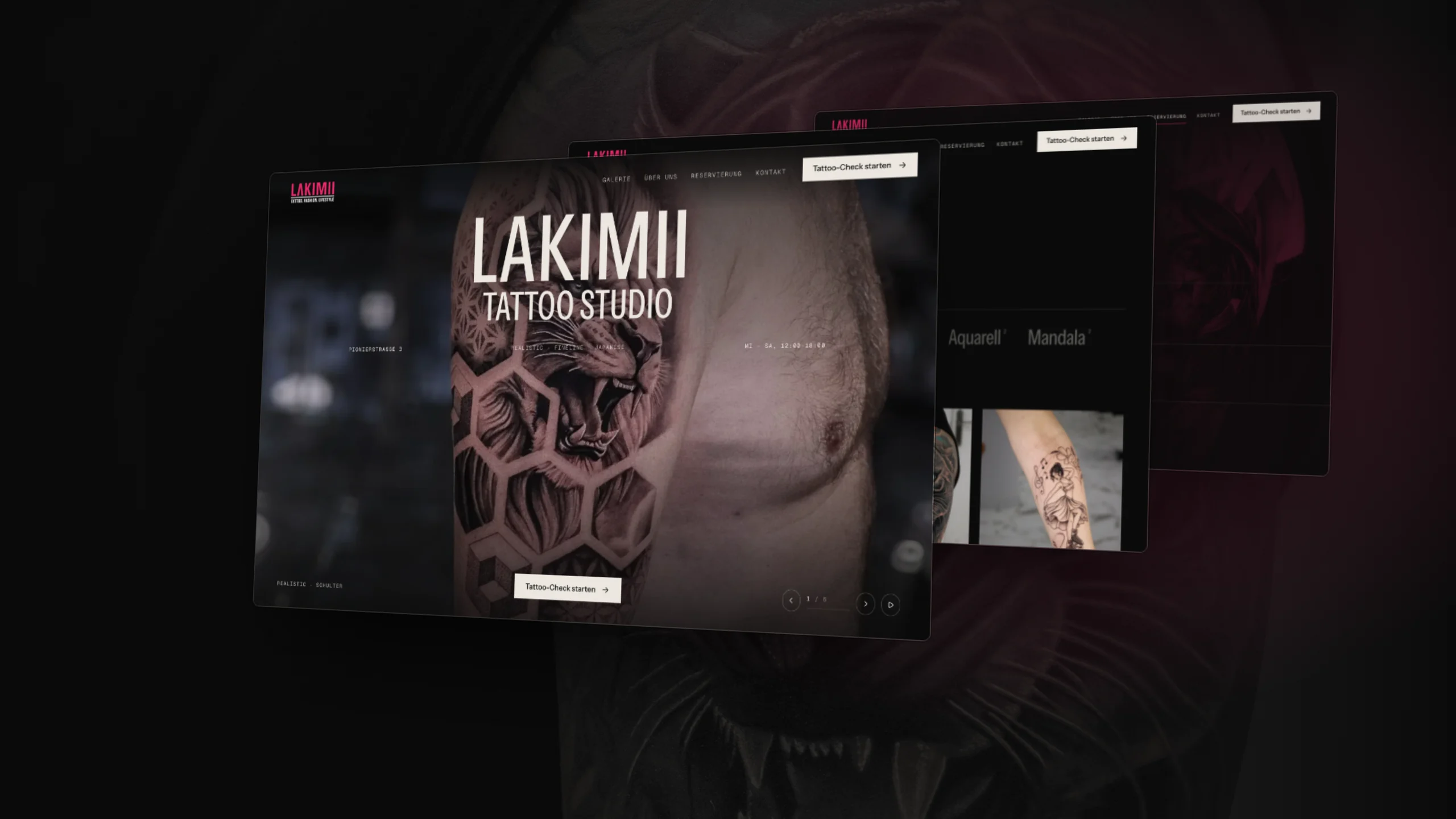 Three pages of the Lakimii Studio site — home, gallery and booking — standing in perspective over a dark tattoo photograph.
