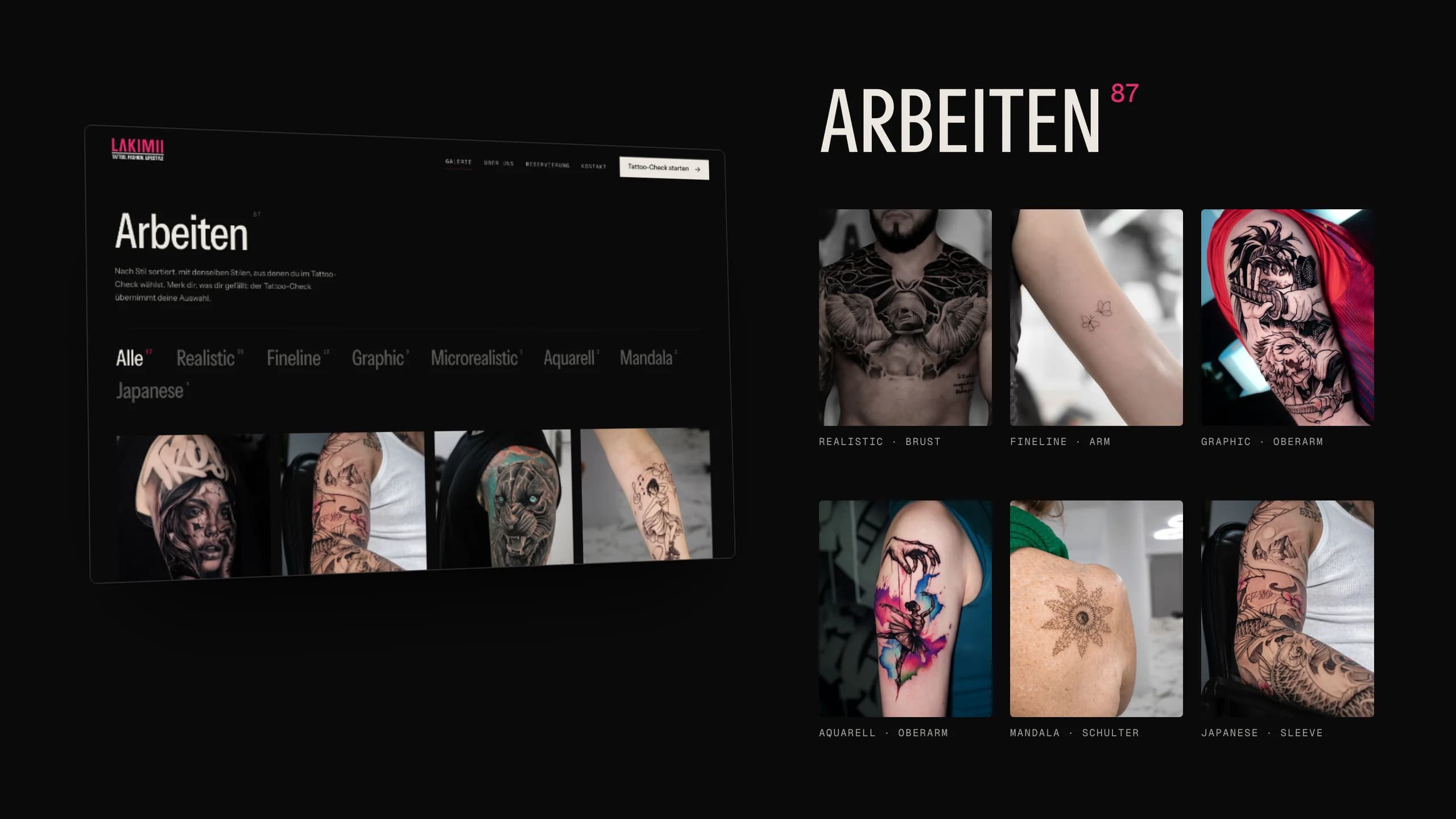 The gallery page turned in perspective beside six pieces of work, each labelled with its style and placement.