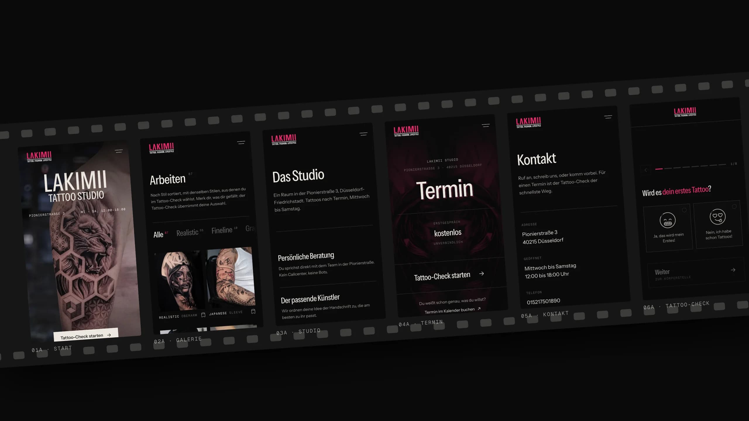 Six phone screens on a strip of film: start, gallery, studio, booking, contact and the Tattoo-Check.