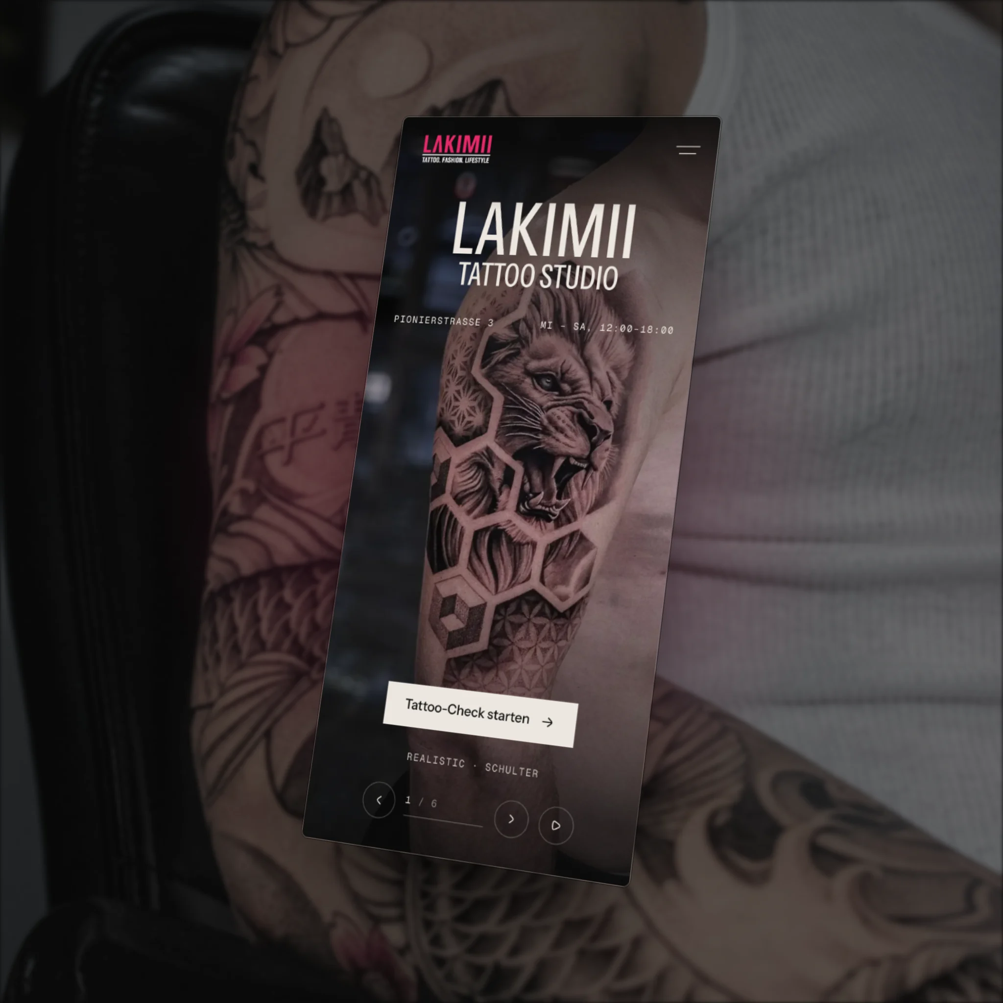 The home page on a phone screen, tilted in perspective over a Japanese koi sleeve.