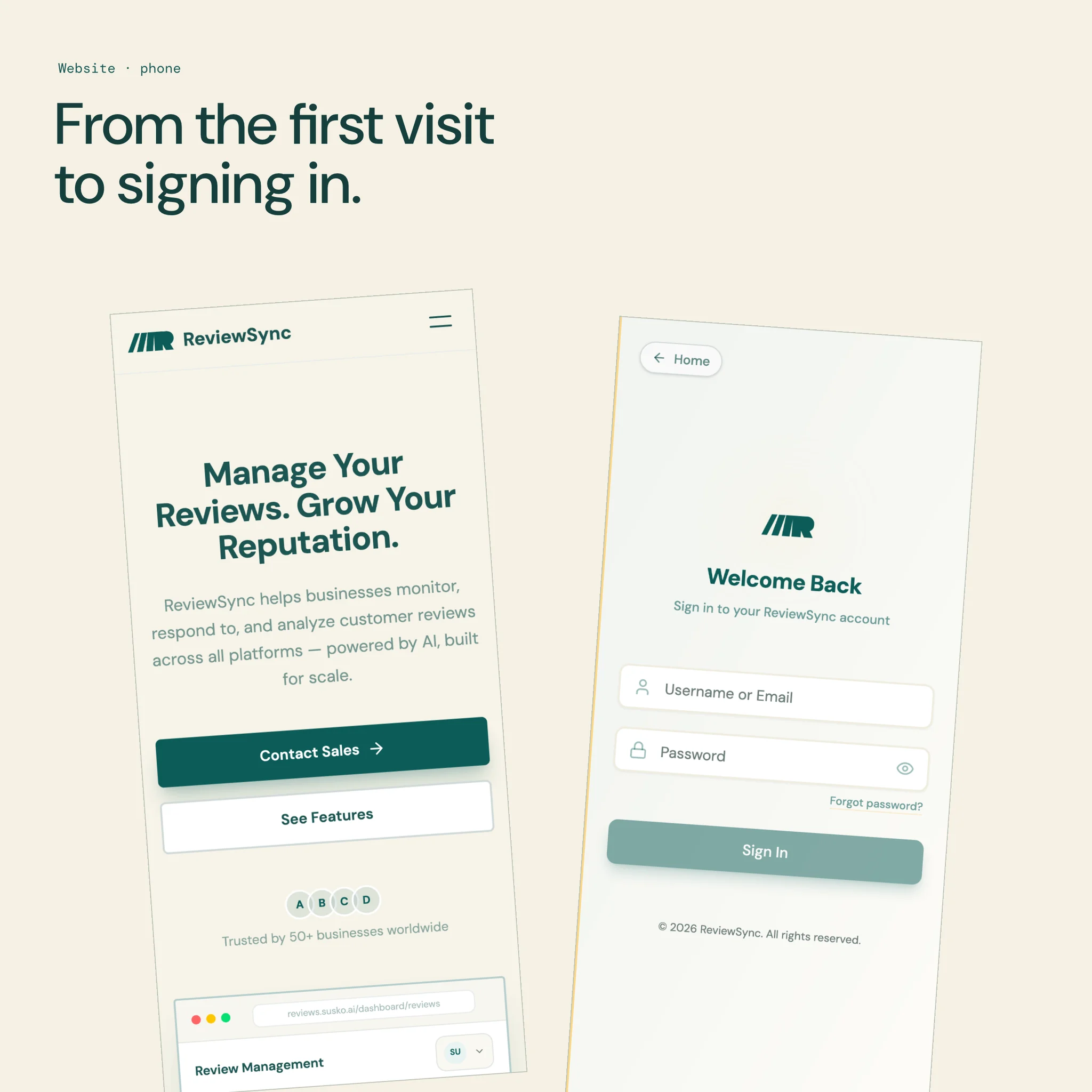 The ReviewSync website on two phones: the home page and the sign-in screen.