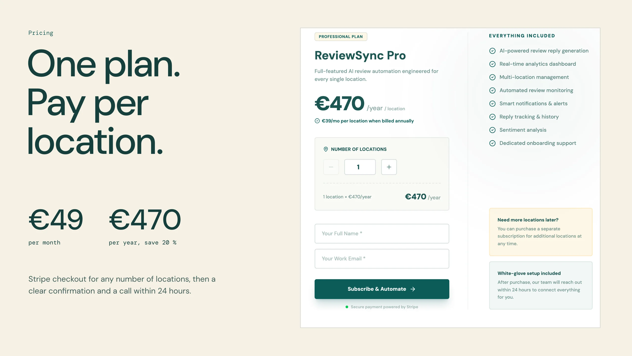 “One plan. Pay per location.” with €49 a month and €470 a year, beside the pricing card with its location counter and Stripe checkout.