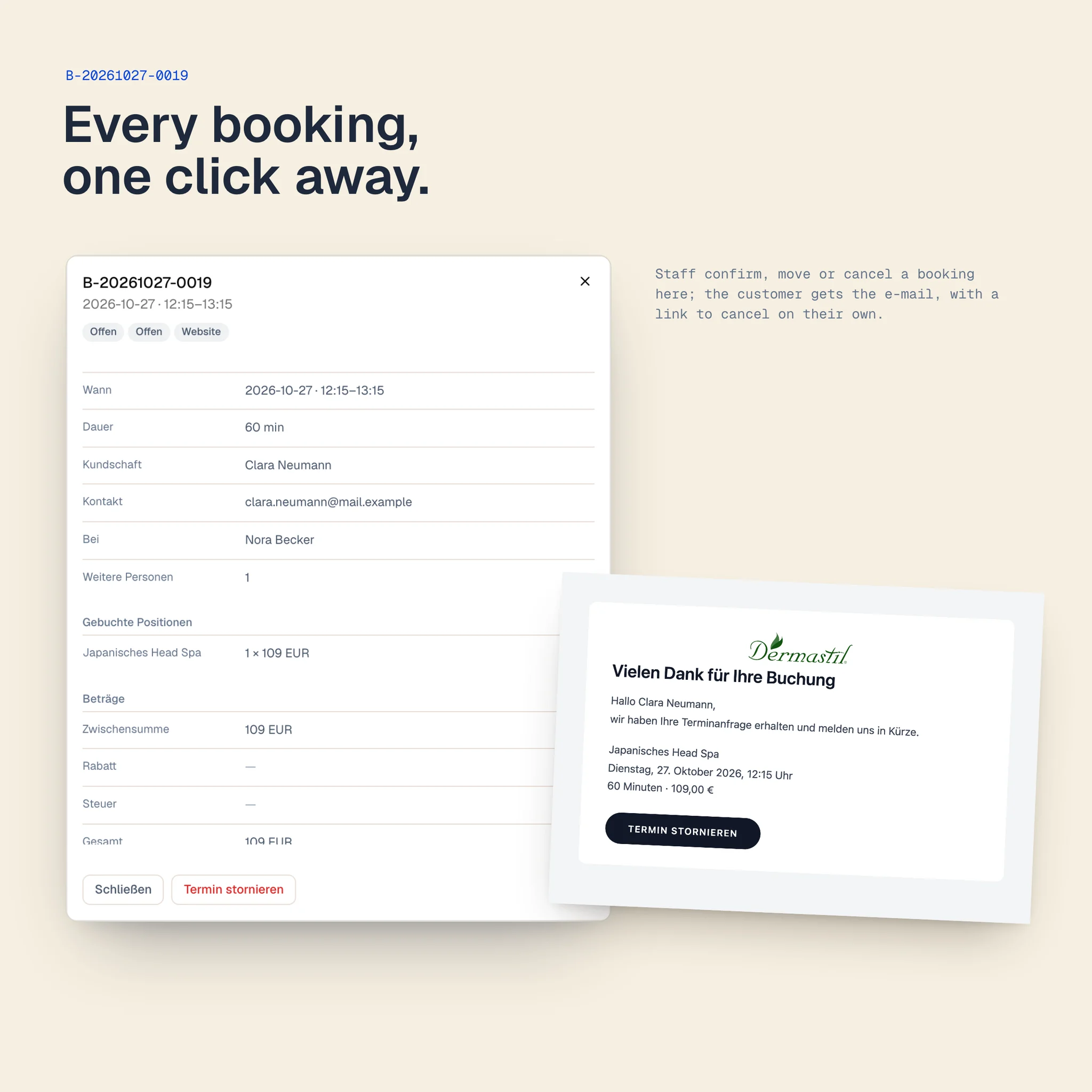 One booking opened in the dashboard, with when, customer, stylist, items and amounts, beside the e-mail the customer received. Shown with demo data.
