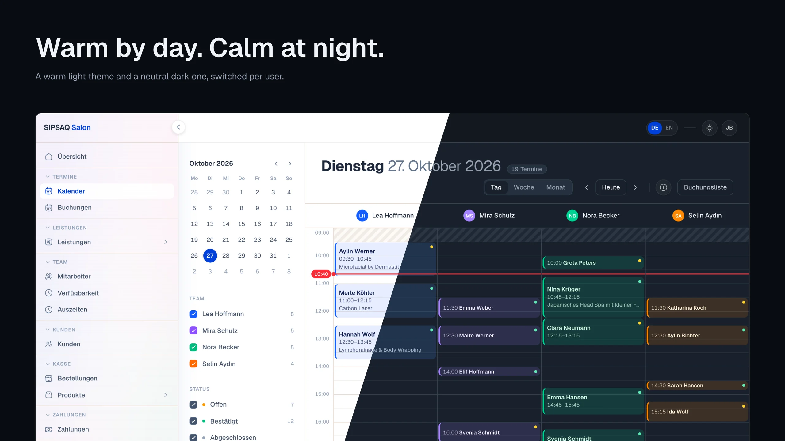 The same day in the calendar, split diagonally between the warm light theme and the dark theme. Shown with demo data.