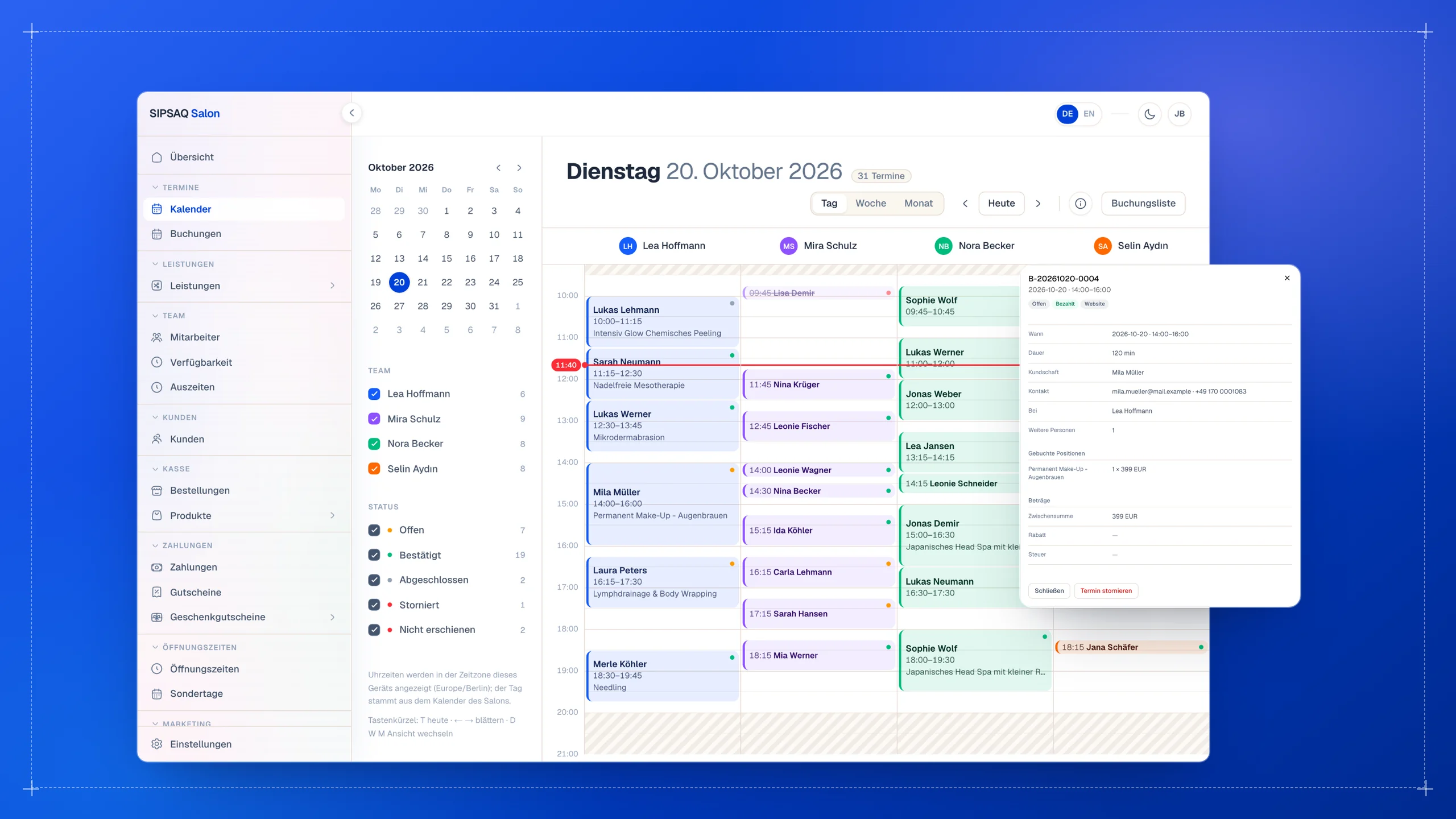 The SIPSAQ Salon calendar for one day, a column per stylist, on a brand-blue gradient, with one booking opened in front. Shown with demo data.