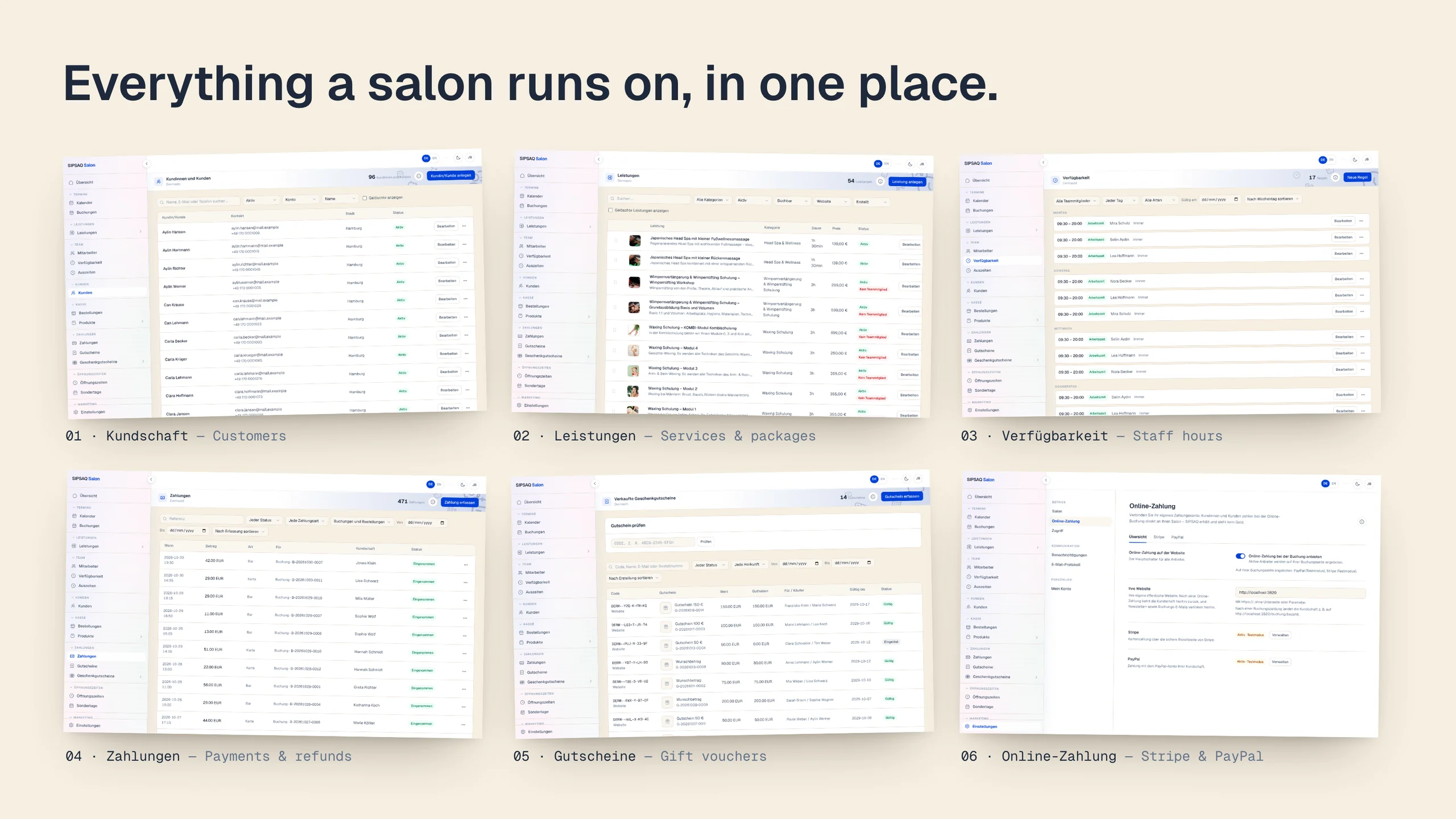 Six dashboard screens laid out like printed sheets: customers, services, staff hours, payments, gift vouchers and online payment settings. Shown with demo data.