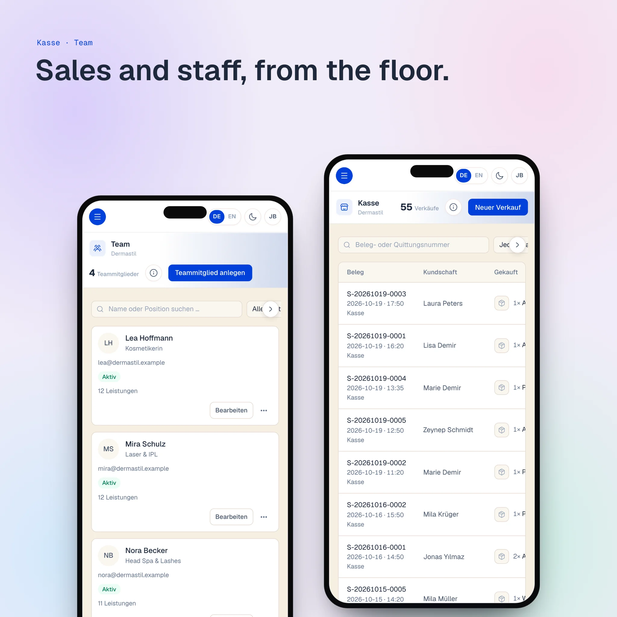 The till's sales and the team page on two phones. Shown with demo data.
