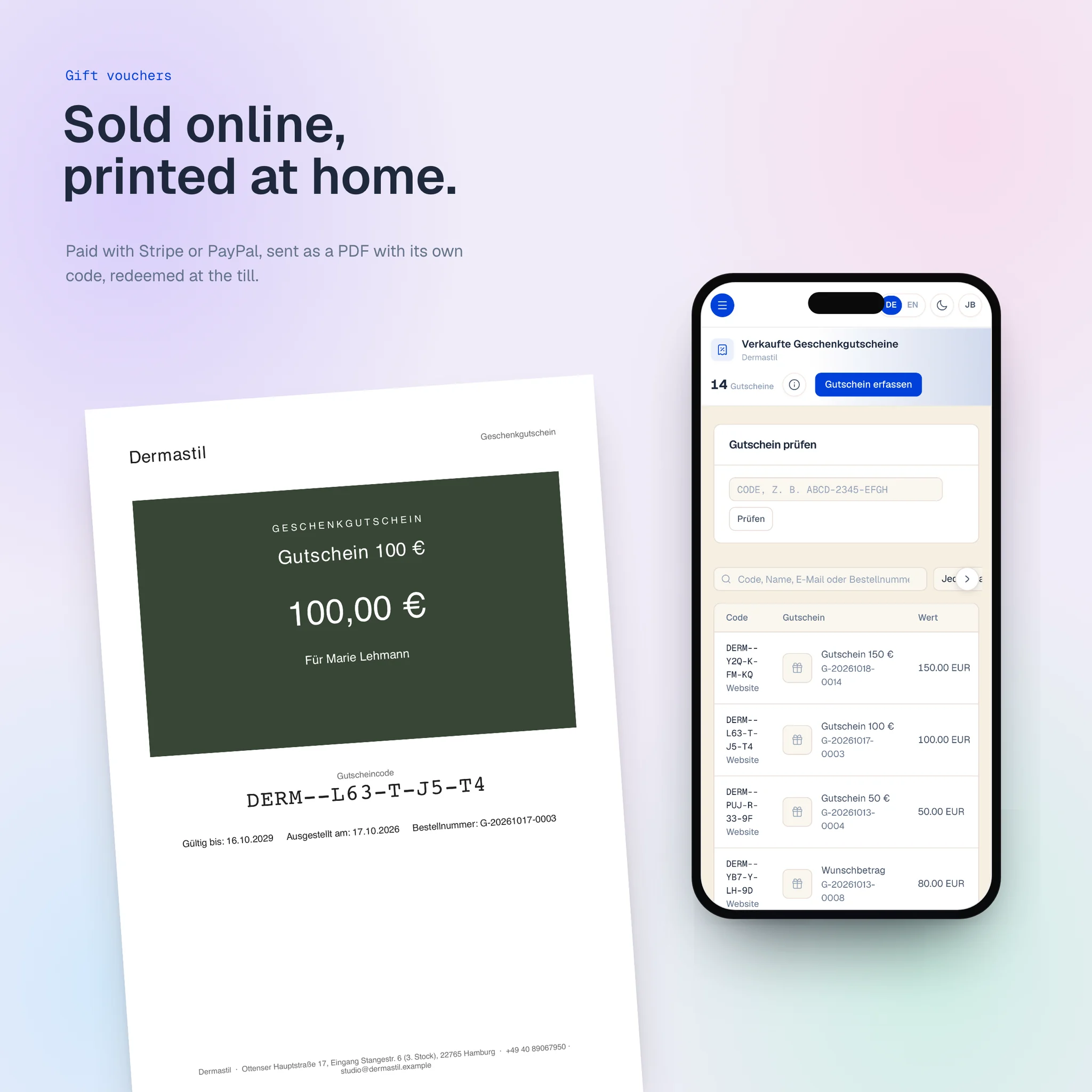 A 100 € gift voucher PDF as SIPSAQ renders it, with its code, beside the sold-vouchers list on a phone. Shown with demo data.
