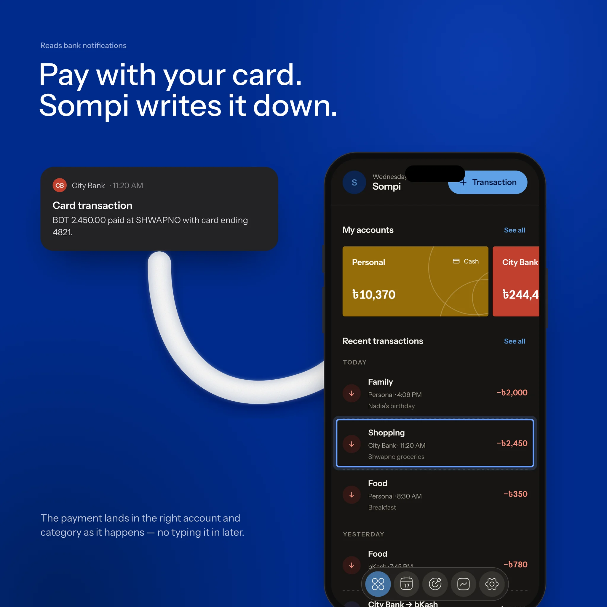 “Pay with your card. Sompi writes it down.” An illustrative City Bank card notification for BDT 2,450 at Shwapno, joined by the ribbon to the same payment highlighted on Sompi’s Home screen. Shown with demo data.
