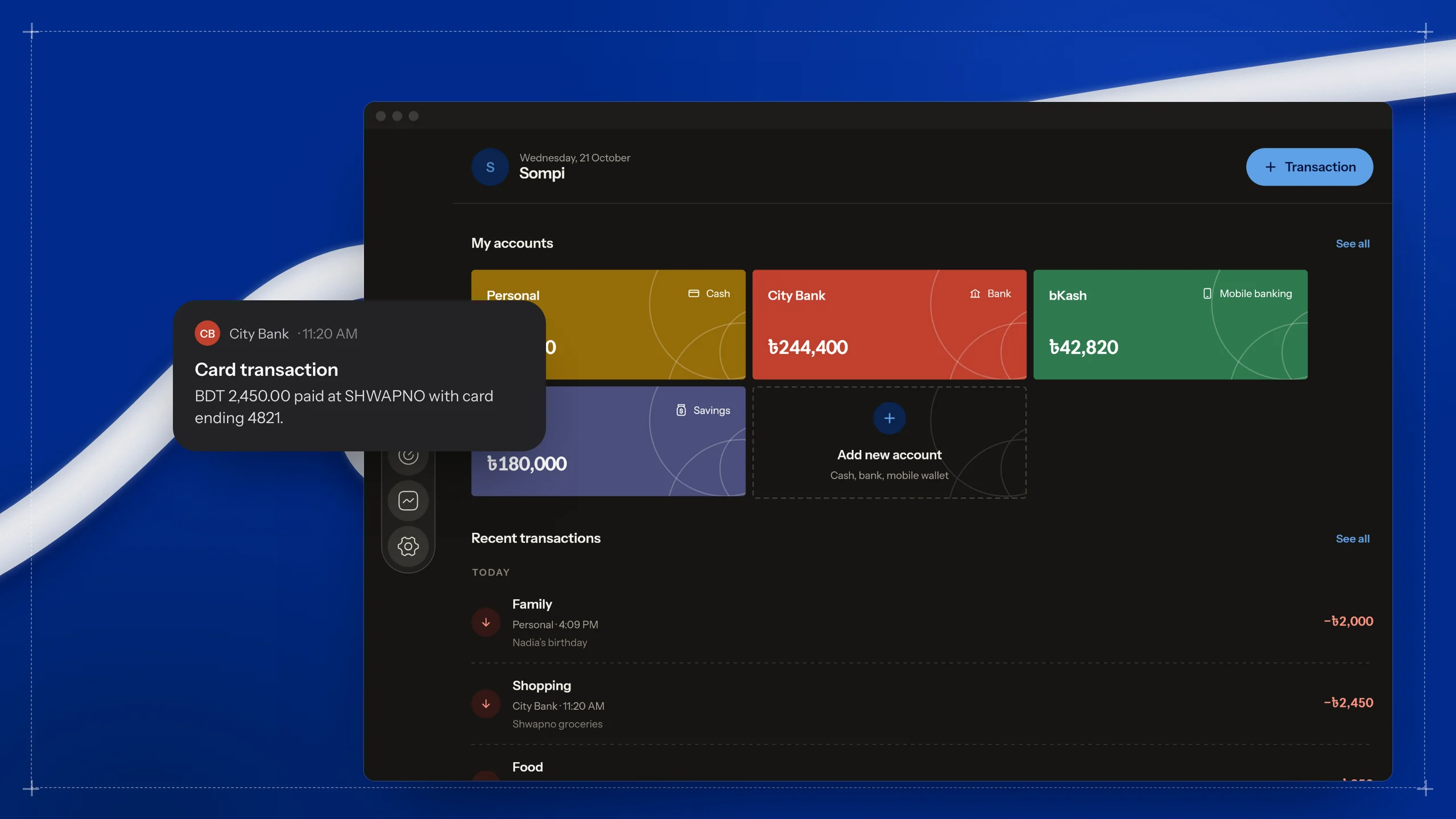 The Sompi home screen in the desktop app — four account cards and today’s transactions — on Sompi blue behind a white ribbon, with a City Bank card notification floating in front. Shown with demo data.