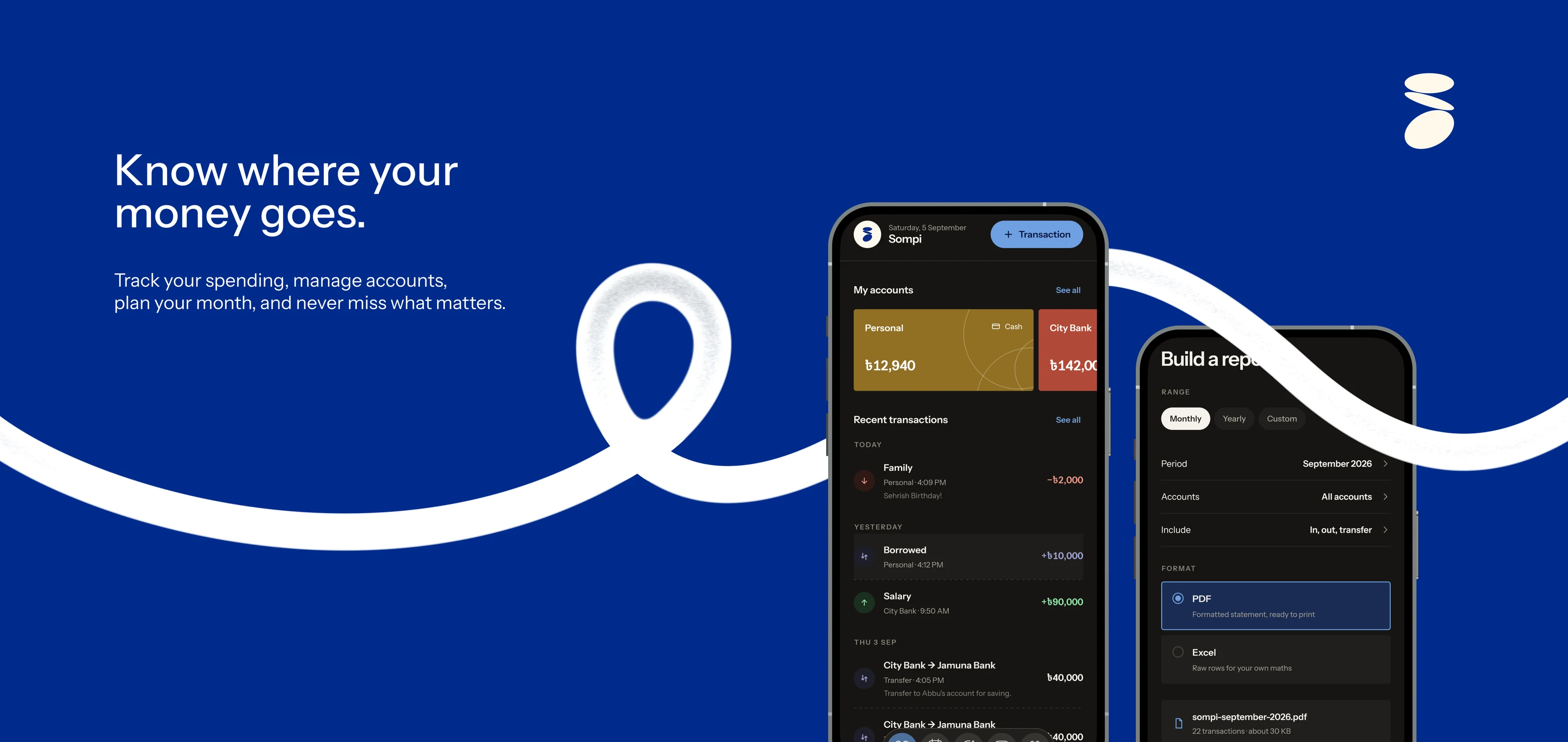 The Sompi Facebook page banner I designed: “Know where your money goes.” on Sompi blue, a white ribbon looping through two phones showing Home and the report builder, and the Sompi logo.