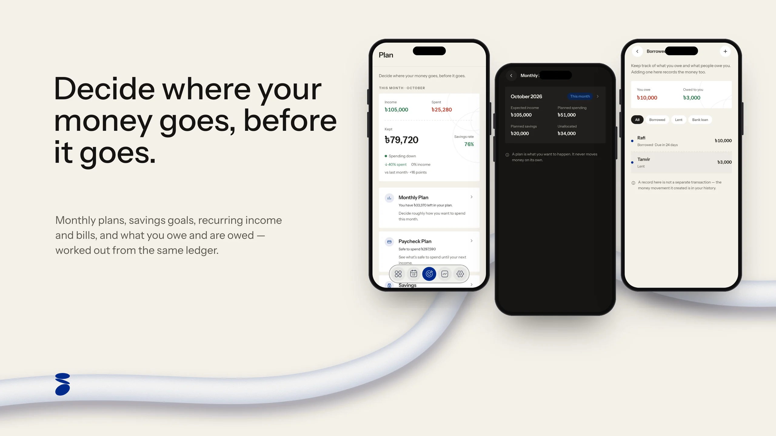 “Decide where your money goes, before it goes.” on paper beside three phones: the Plan overview, the October monthly plan and the borrowed and lent book. Shown with demo data.