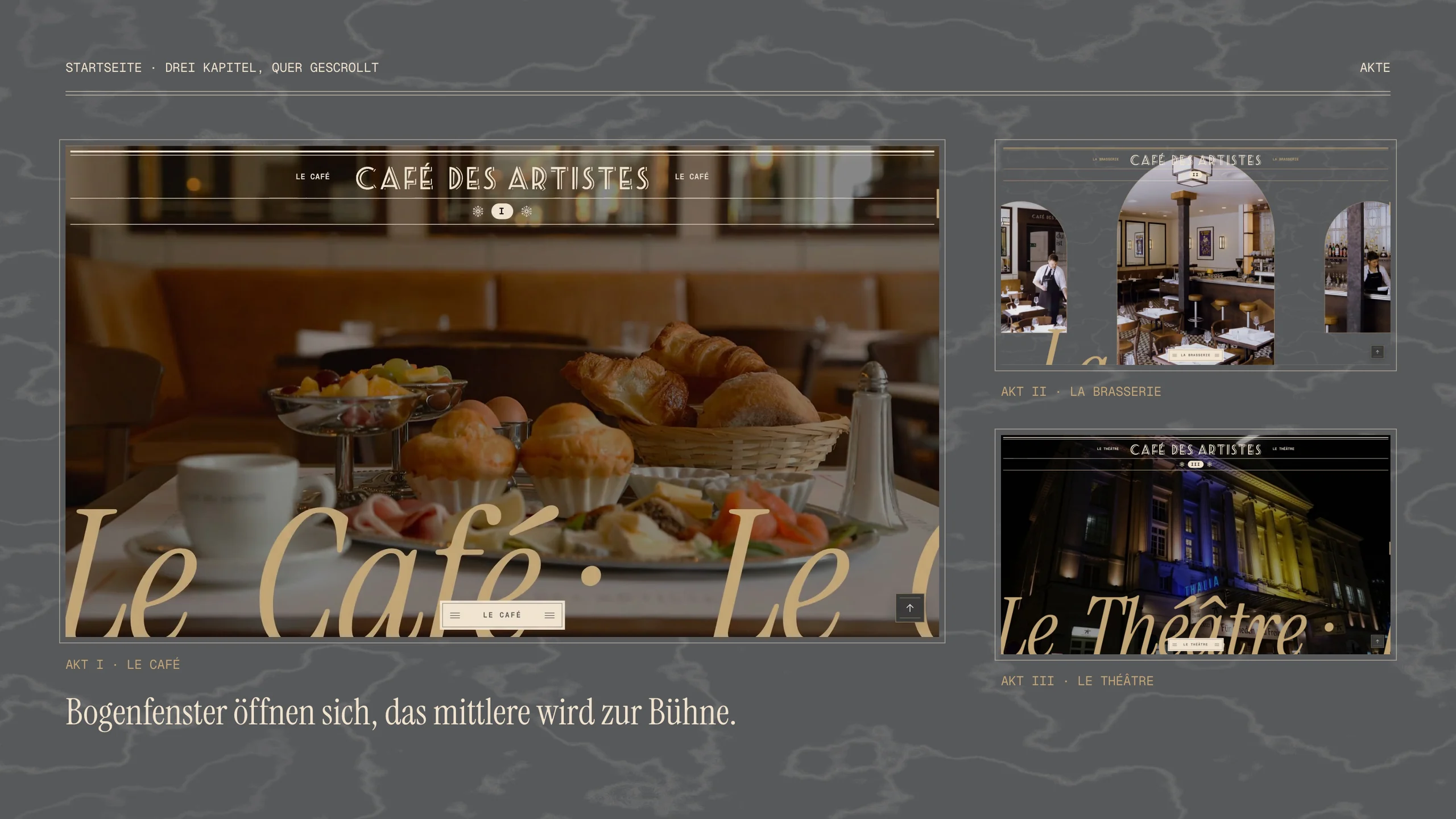 The home page’s three sideways-scrolled chapters as acts: Le Café, La Brasserie and Le Théâtre, with their gliding script words.