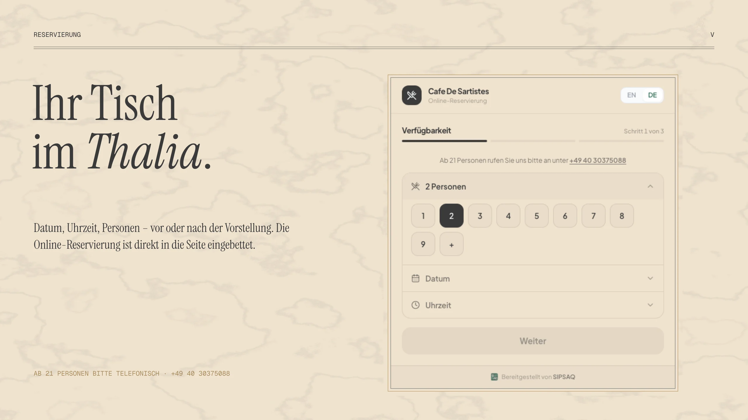 “Ihr Tisch im Thalia.” beside the embedded online booking widget with its party-size, date and time steps.
