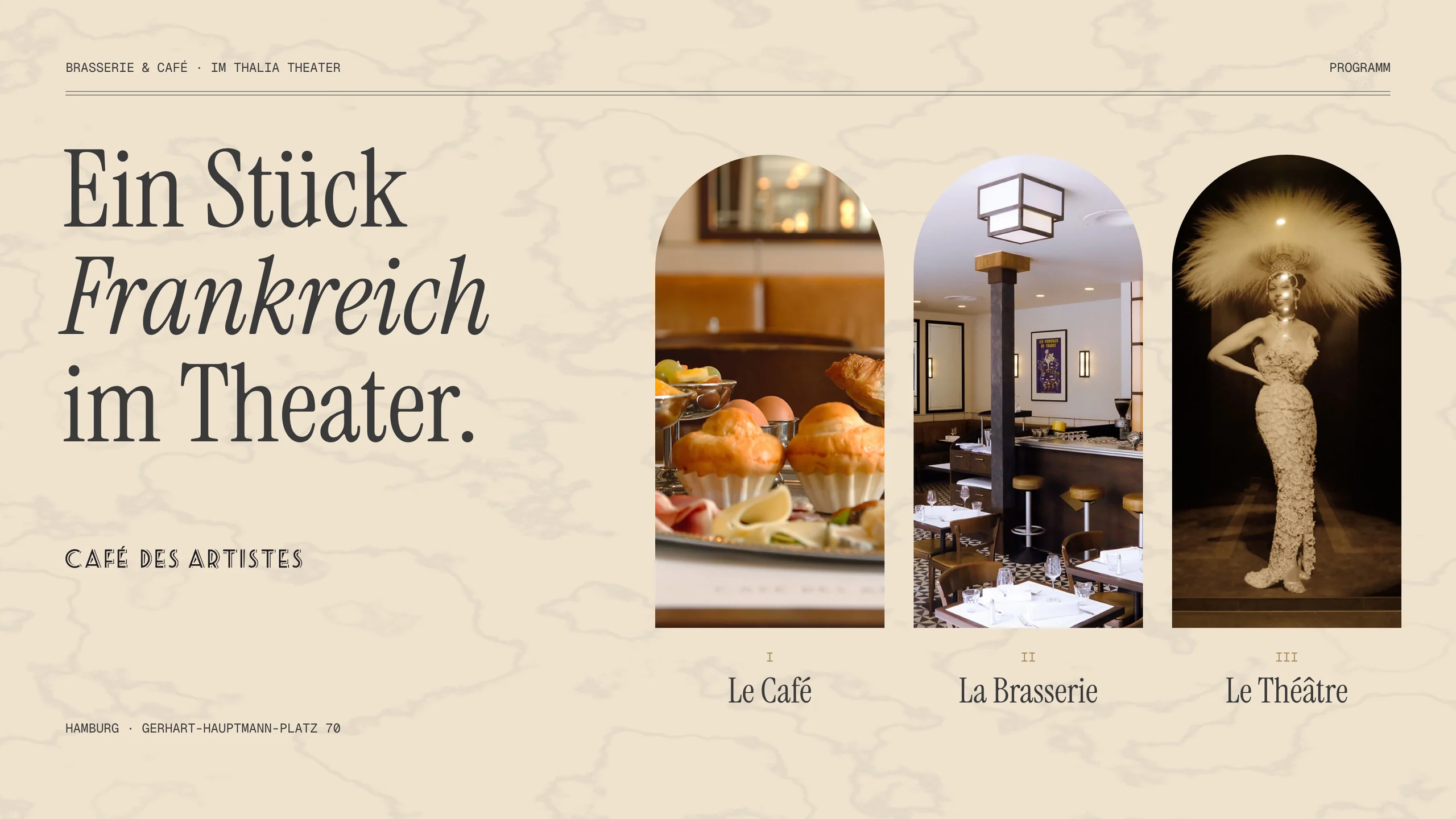 A programme page on marble: “Ein Stück Frankreich im Theater.” beside three arch windows — Le Café, La Brasserie, Le Théâtre.