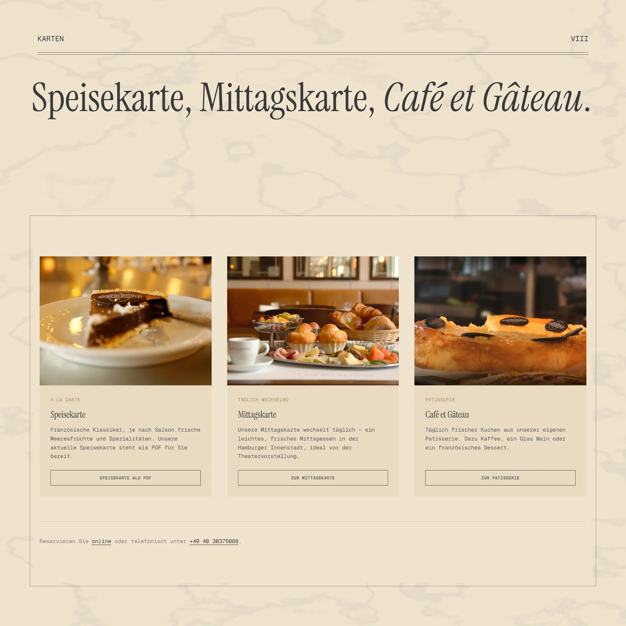 The menus section: Speisekarte, Mittagskarte and Café et Gâteau, each with its photograph.