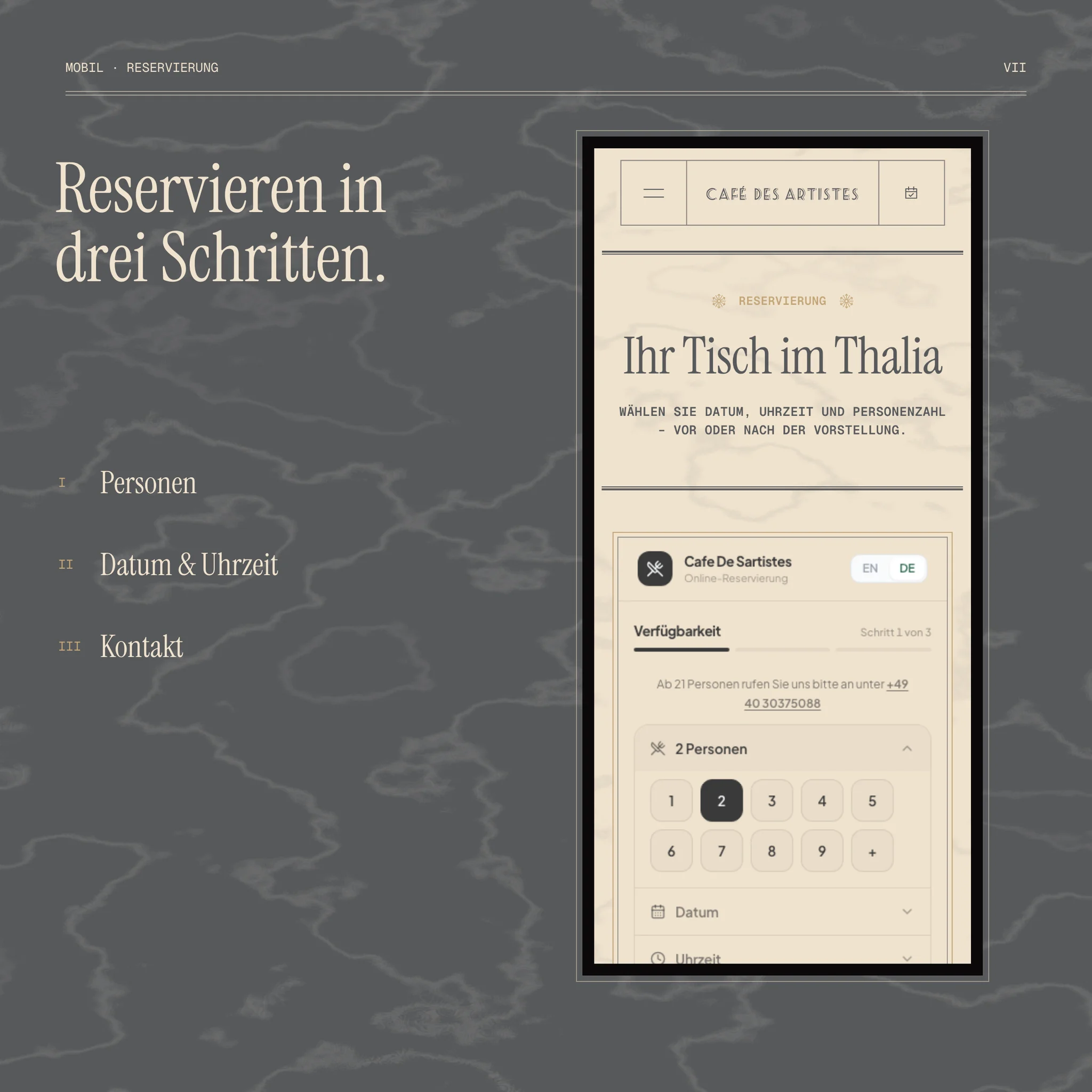 “Reservieren in drei Schritten” — party size, date and time, contact — beside the booking page on a phone.