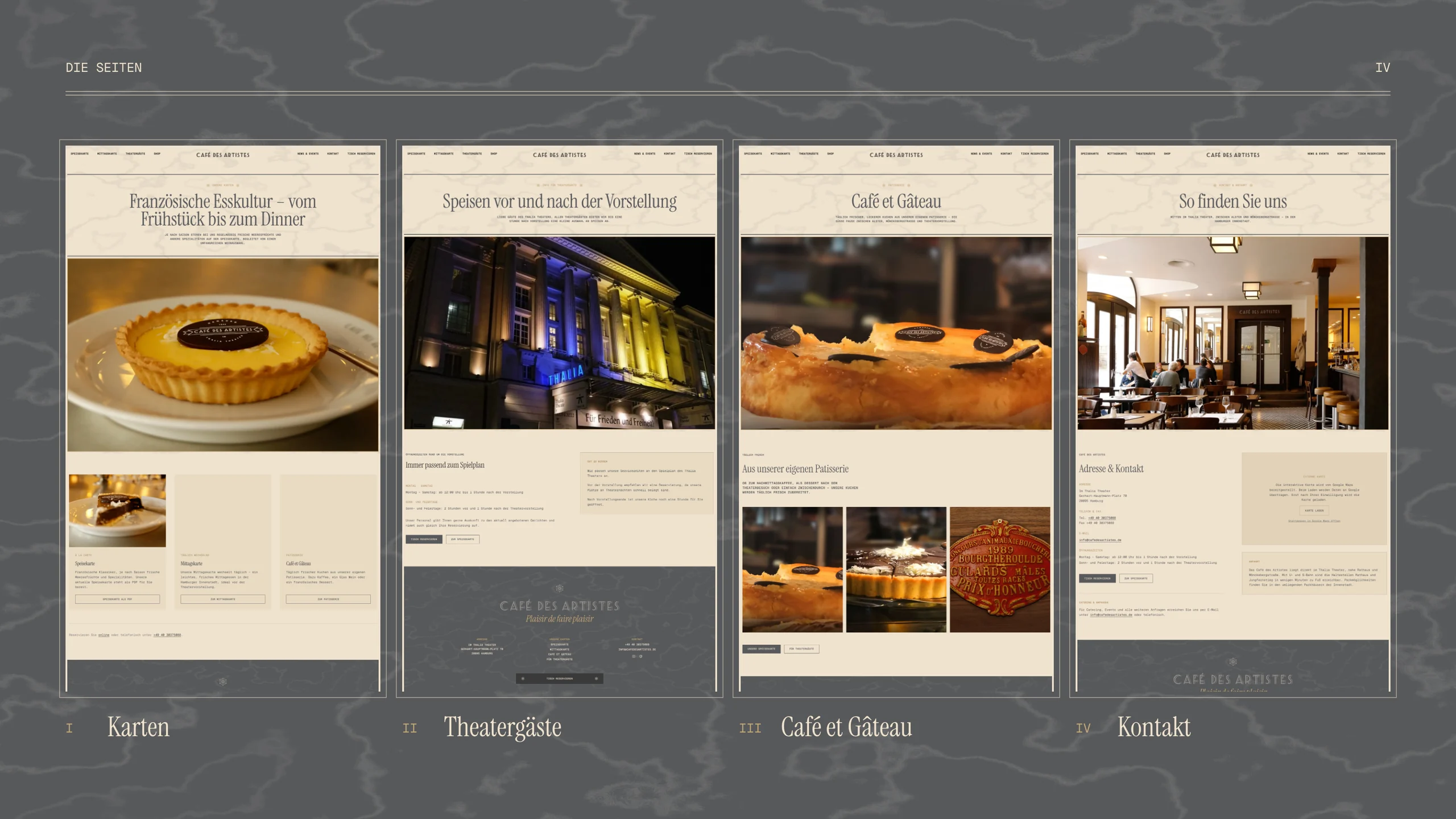 Four pages on grey marble, numbered like a programme: the menus, theatre guests, Café et Gâteau and contact.