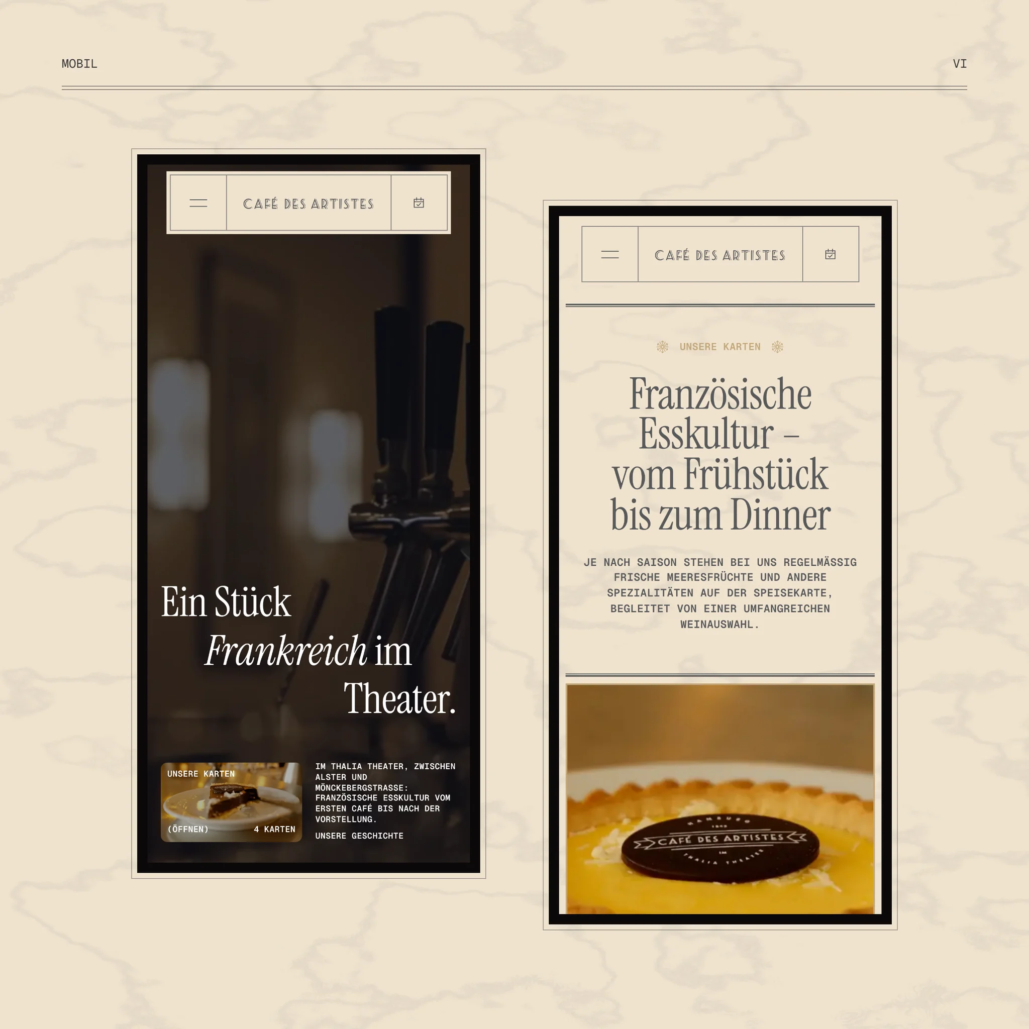 The home page and the menu page on two phones, on marble.