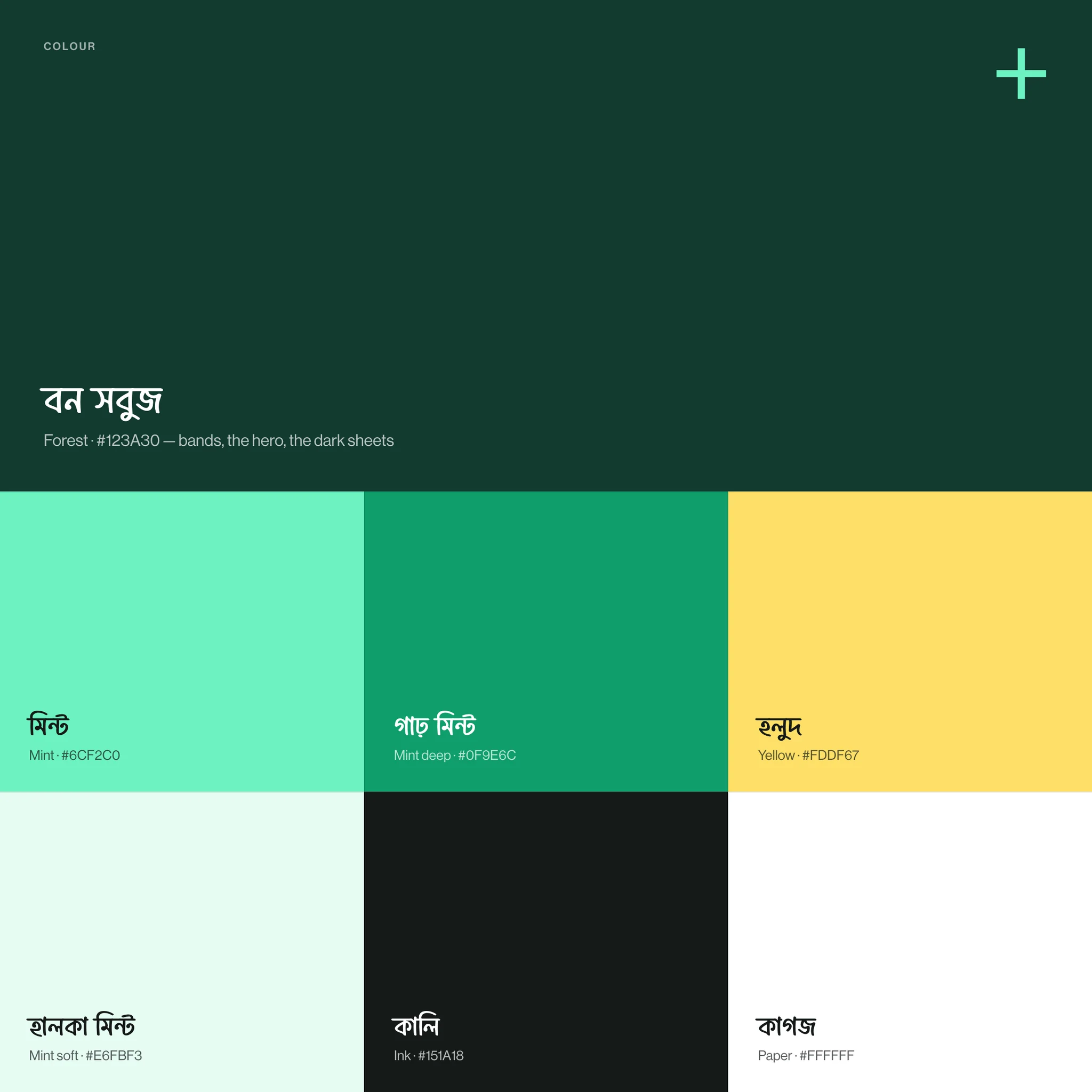 The colour system: forest, mint, mint deep, yellow, mint soft, ink and paper, named in Bangla with their hex values.