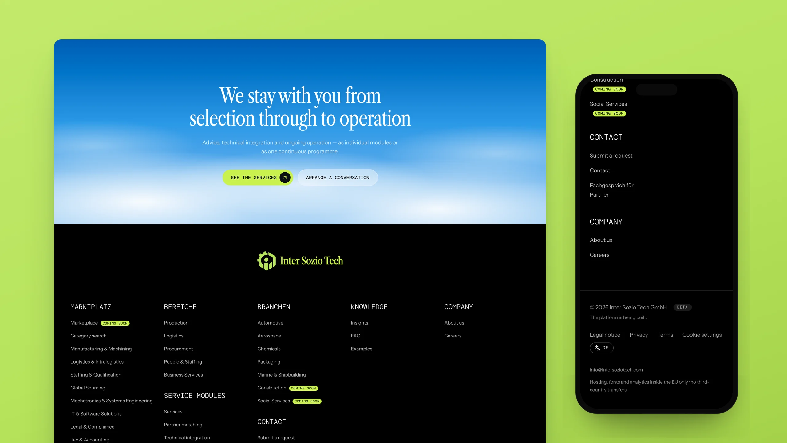 The closing call “We stay with you from selection through to operation” and the black footer with the lime logo, beside the footer on a phone, on lime.