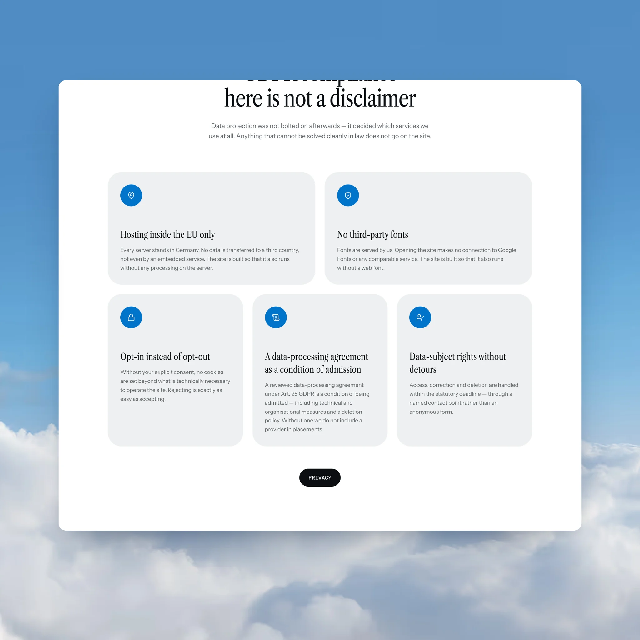 The section “GDPR compliance here is not a disclaimer”: hosting inside the EU, no third-party fonts, opt-in consent, a data-processing agreement for admission and data-subject rights.