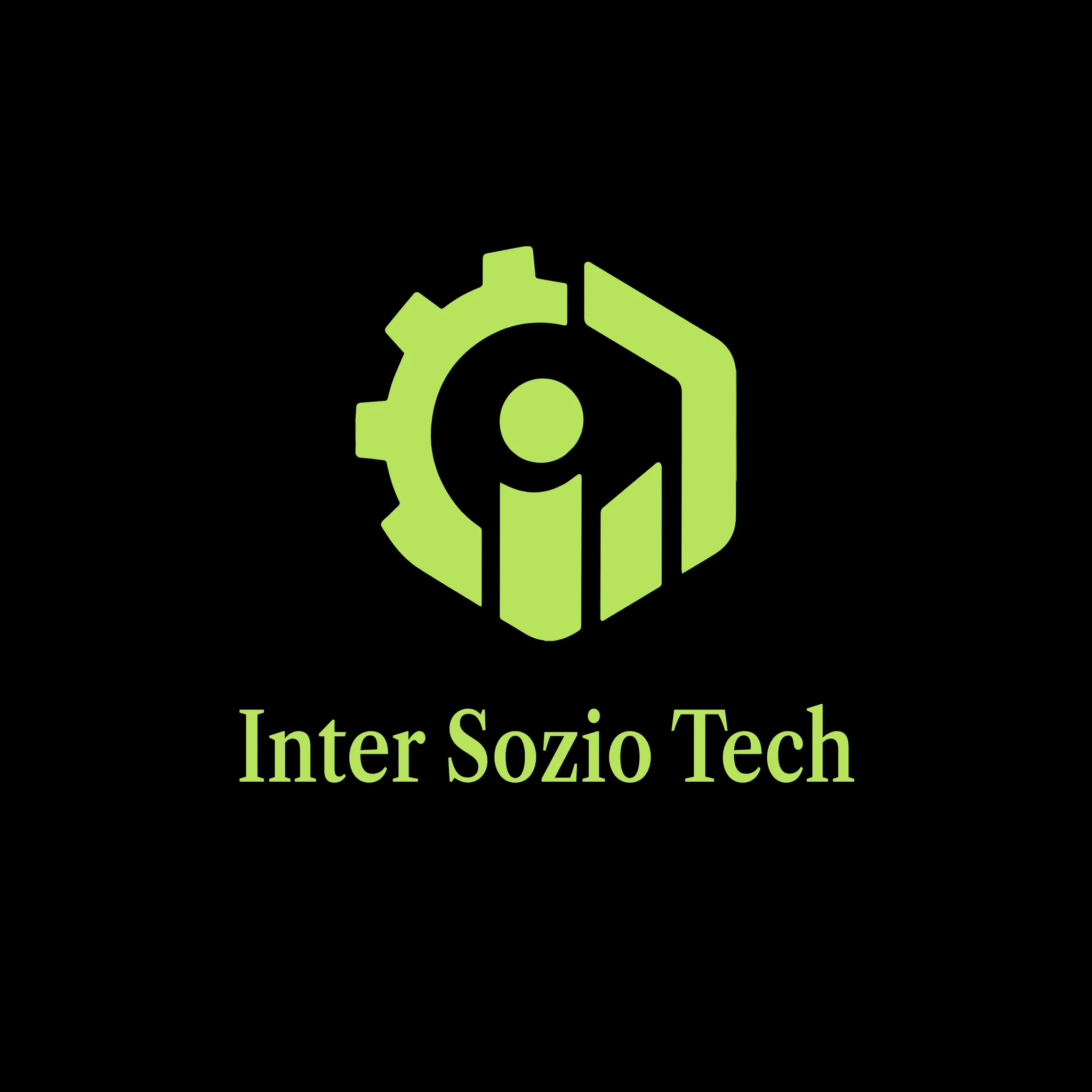 The Inter Sozio Tech logo I designed — a lime gear around an “i” with rising bars — and the wordmark, on black.