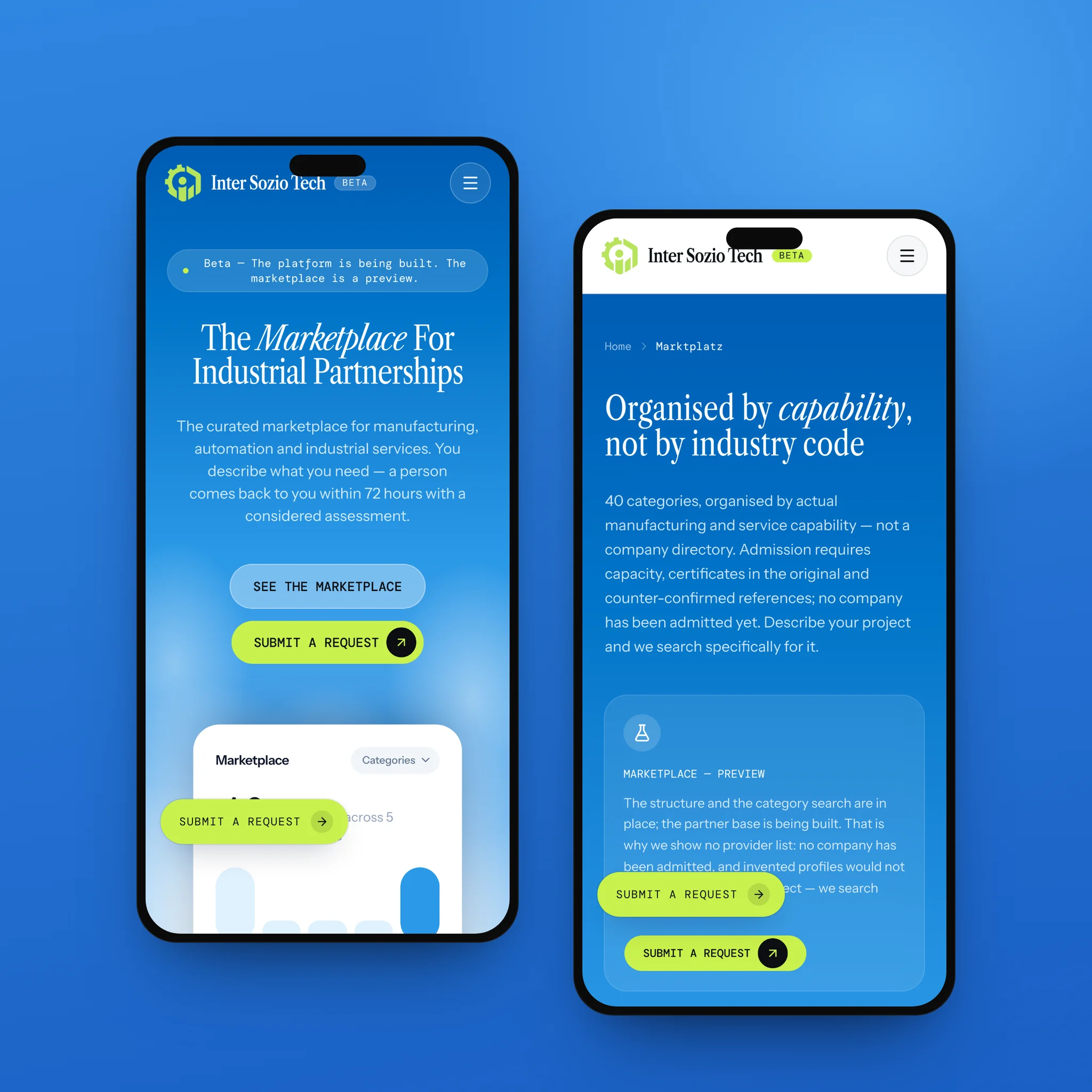 The home page and the marketplace page on two phones, on brand blue.