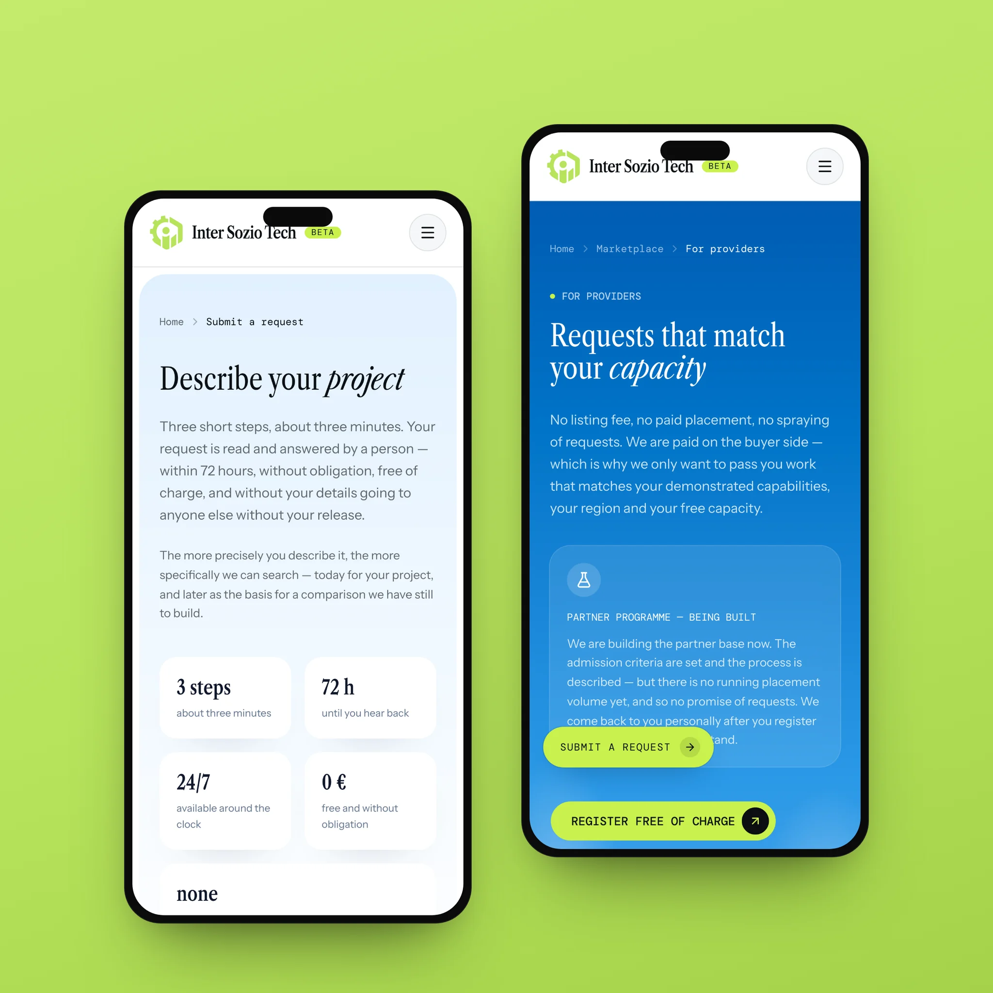 The request page, “Describe your project”, and the providers page, “Requests that match your capacity”, on two phones, on lime.