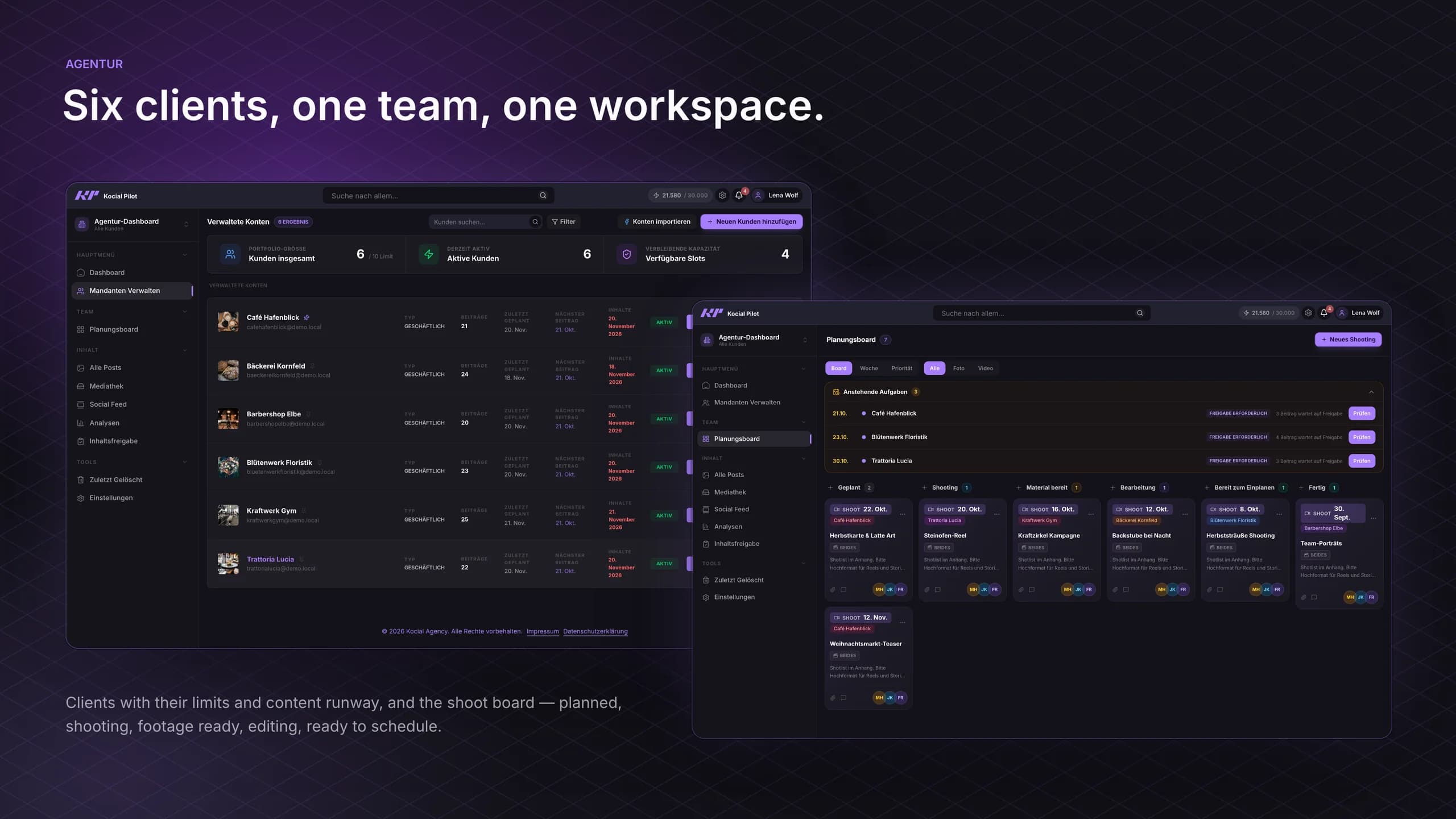The agency workspace: six managed clients with their limits and content runway, and the shoot board from planned to ready to schedule. Shown with demo data.
