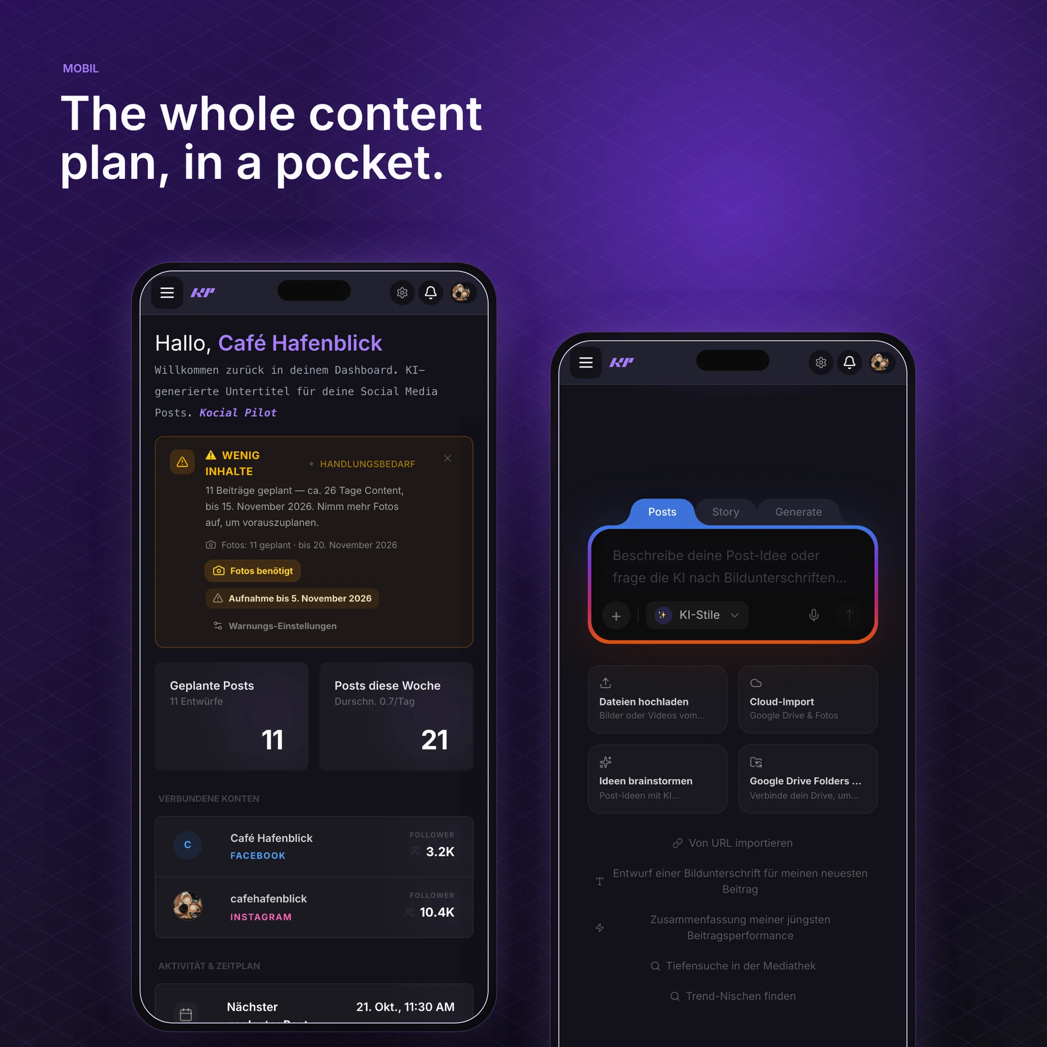 Kocial on two phones: a client's dashboard with its content alert and connected accounts, and the composer. Shown with demo data.