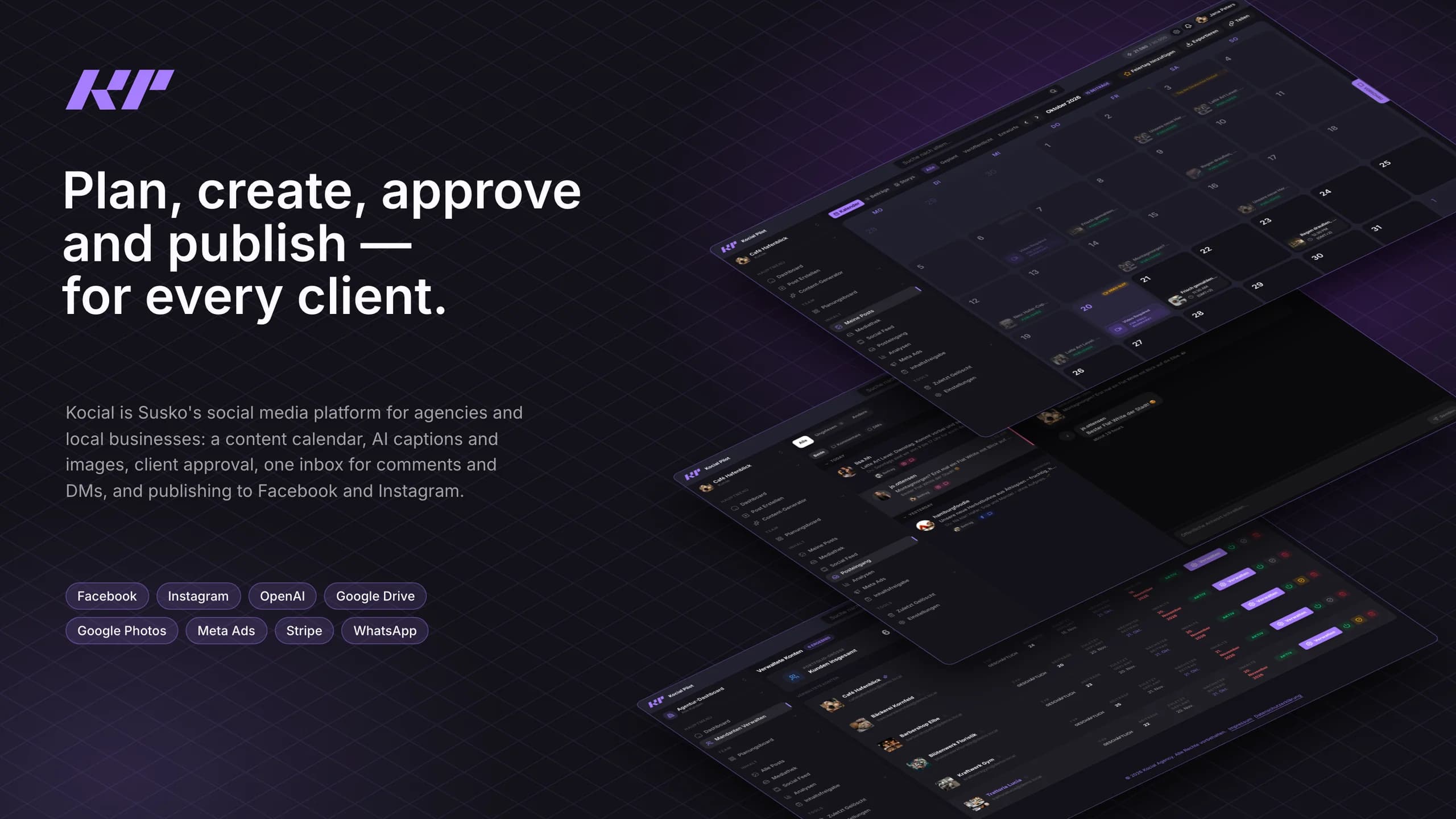 The Kocial logo and “Plan, create, approve and publish — for every client.” beside the calendar, inbox and client list laid as isometric floors. Shown with demo data.