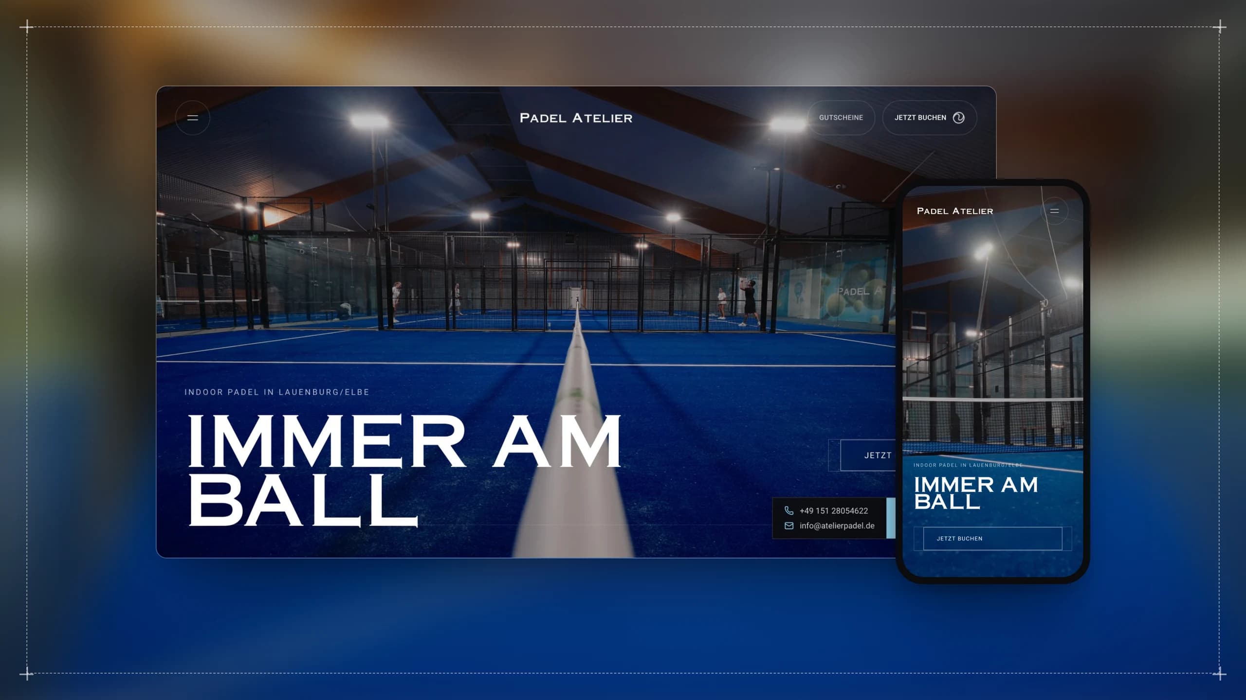 The Padel Atelier home page — “Immer am Ball” over the night court — on a blurred court-blue ground, with the same page on a phone.