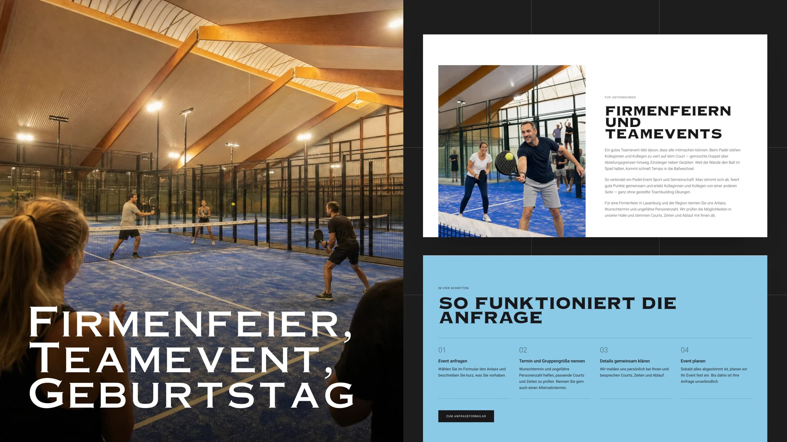 A spread: a group playing at the club under “Firmenfeier, Teamevent, Geburtstag”, beside the events page and its four-step request.